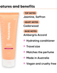 Mini Aurora Rouge Conditioner features, top notes Jasmine, Saffron, heart notes Cedarwood, base notes Ambergris Accord, travel size, vegan and cruelty free