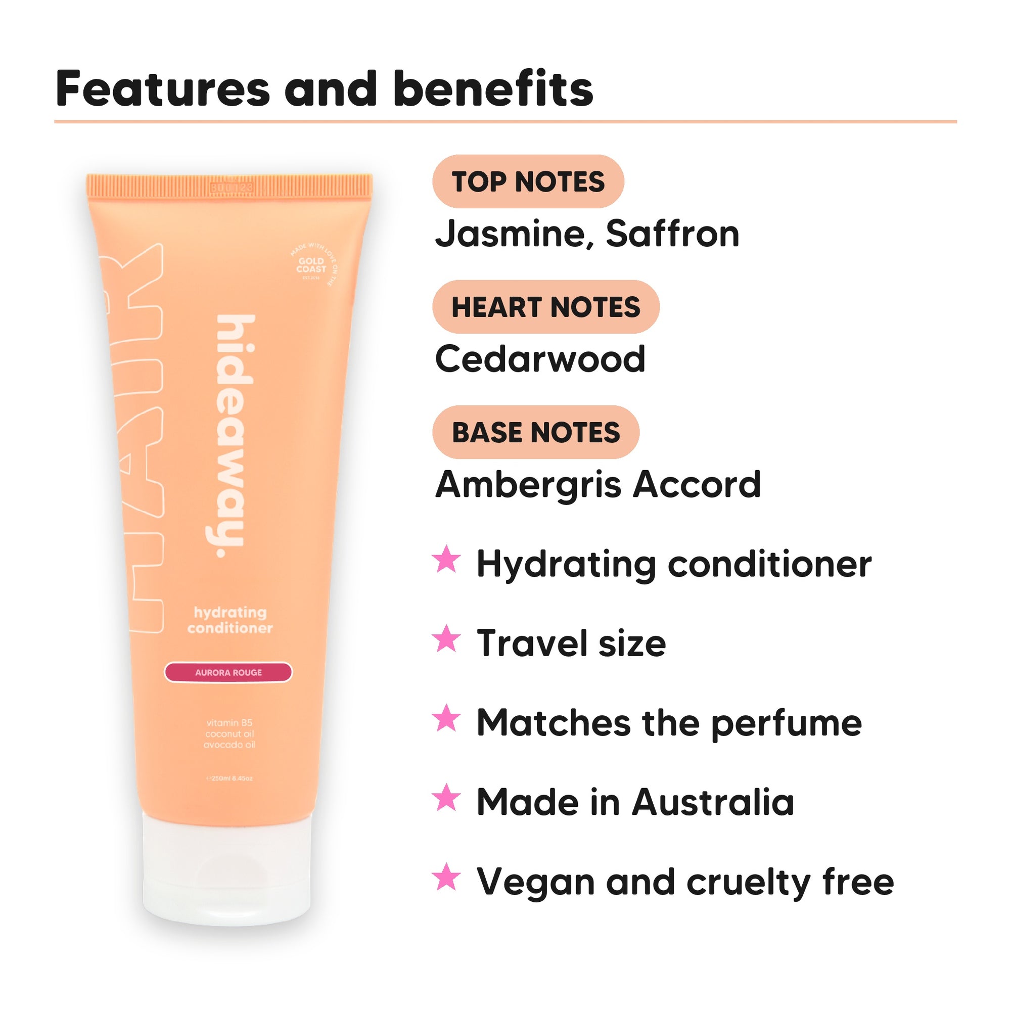 Mini Aurora Rouge Conditioner features, top notes Jasmine, Saffron, heart notes Cedarwood, base notes Ambergris Accord, travel size, vegan and cruelty free