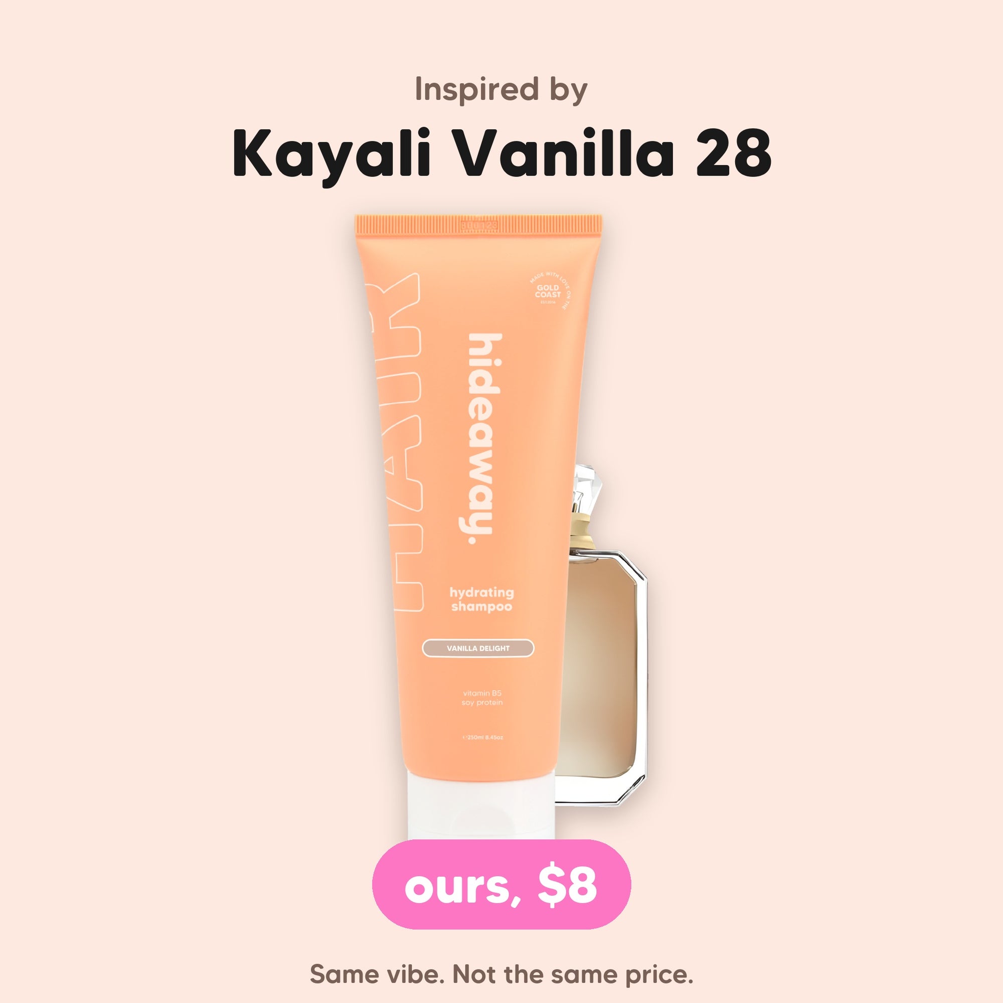 hideaway. Mini Vanilla Delight Shampoo, inspired by Kayali Vanilla 28, $8, made in Australia