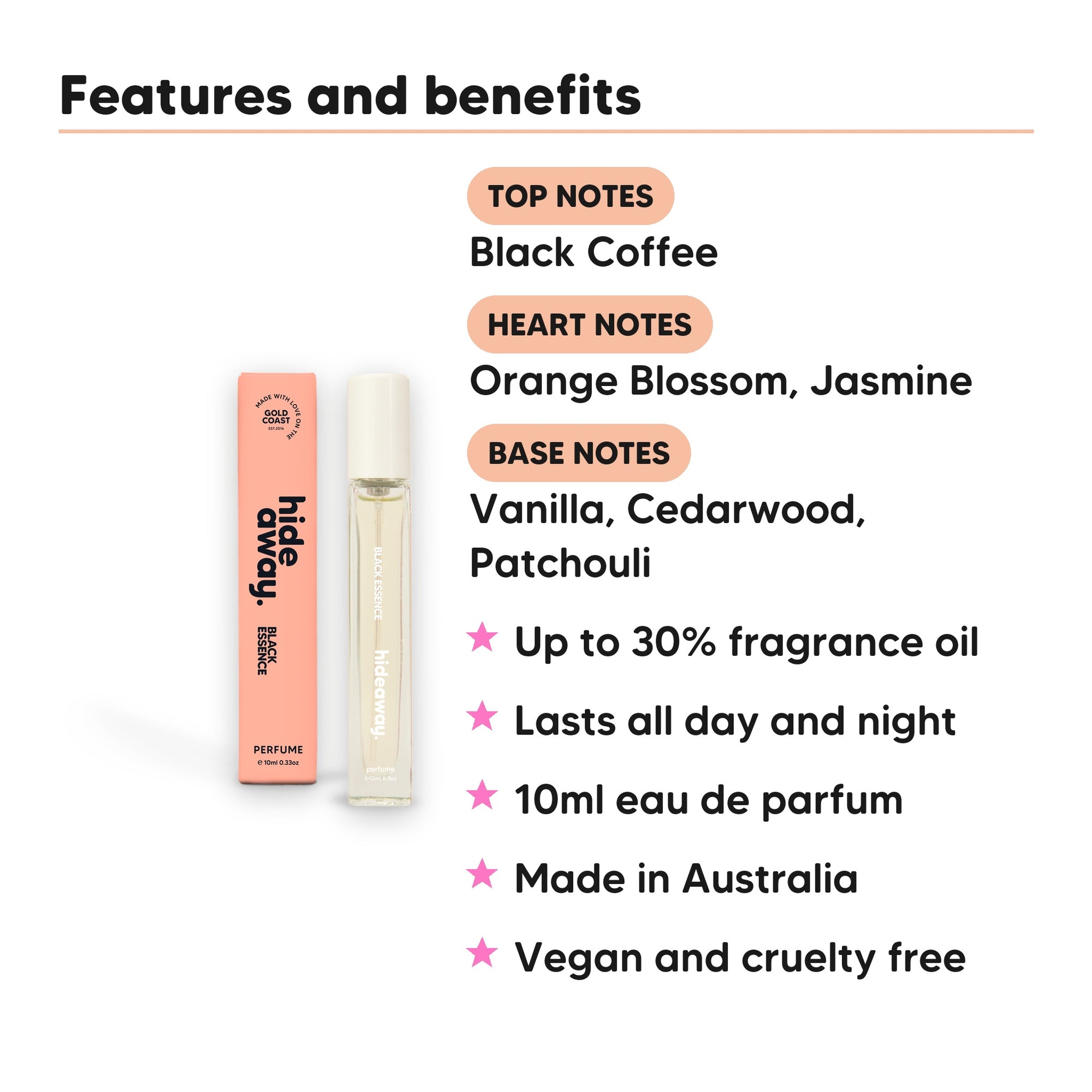 Black Essence Perfume 10ml features, top notes Black Coffee, heart notes Orange Blossom, Jasmine, base notes Vanilla, Cedarwood, Patchouli, 10ml, vegan and cruelty free