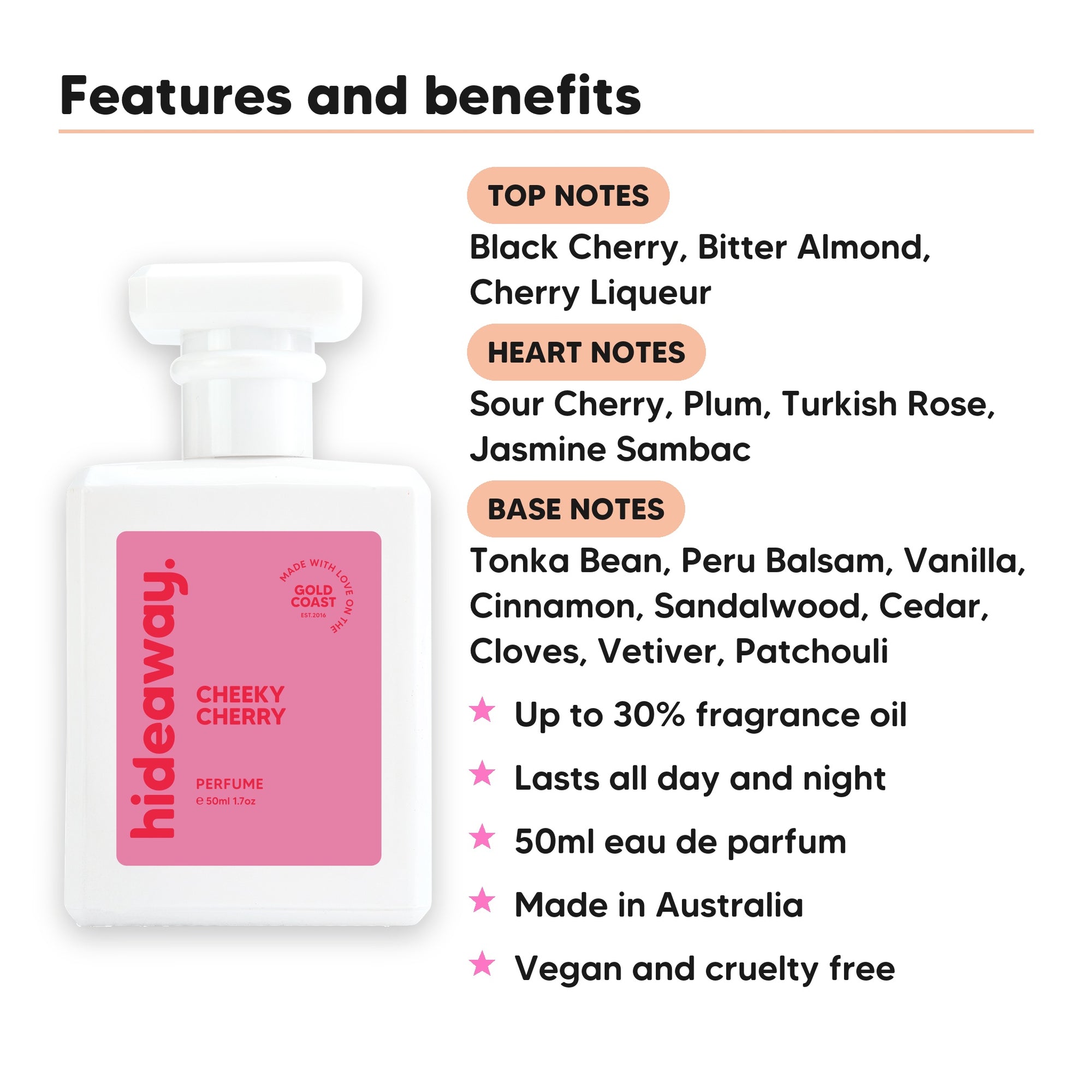 Cheeky Cherry perfume scent notes, top notes Black Cherry, Bitter Almond, Cherry Liqueur, heart notes Sour Cherry, Plum, Turkish Rose, Jasmine Sambac, base notes Tonka Bean, Peru Balsam, Vanilla, Cinnamon, Sandalwood, Cedar, Cloves, Vetiver, Patchouli