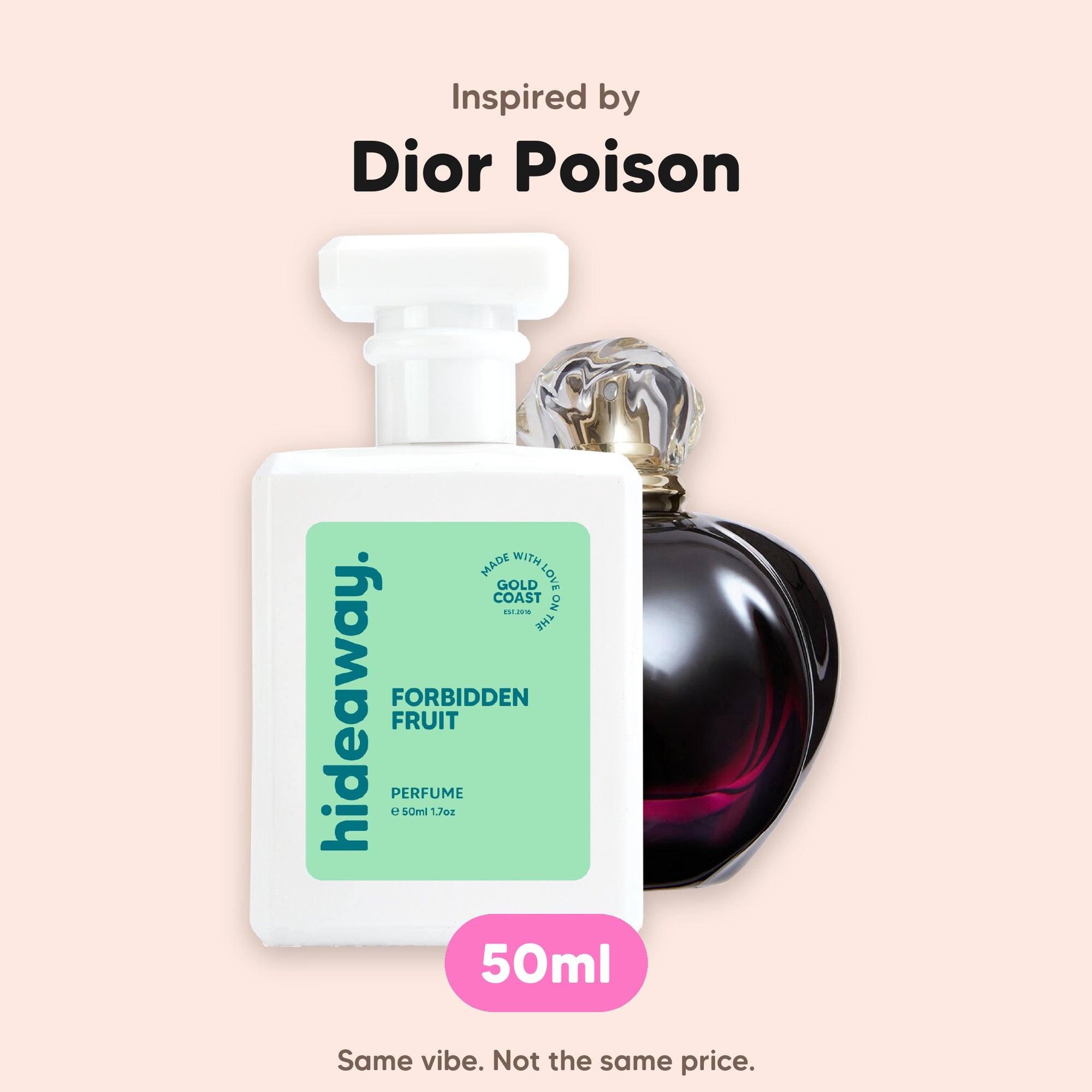 hideaway. Forbidden Fruit perfume 50ml beside the Dior Poison bottle it is inspired by, handmade on the Gold Coast