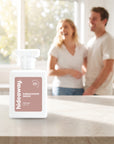 hideaway. Sandalwood Grove perfume 50ml bottle on a stone benchtop in a bright kitchen