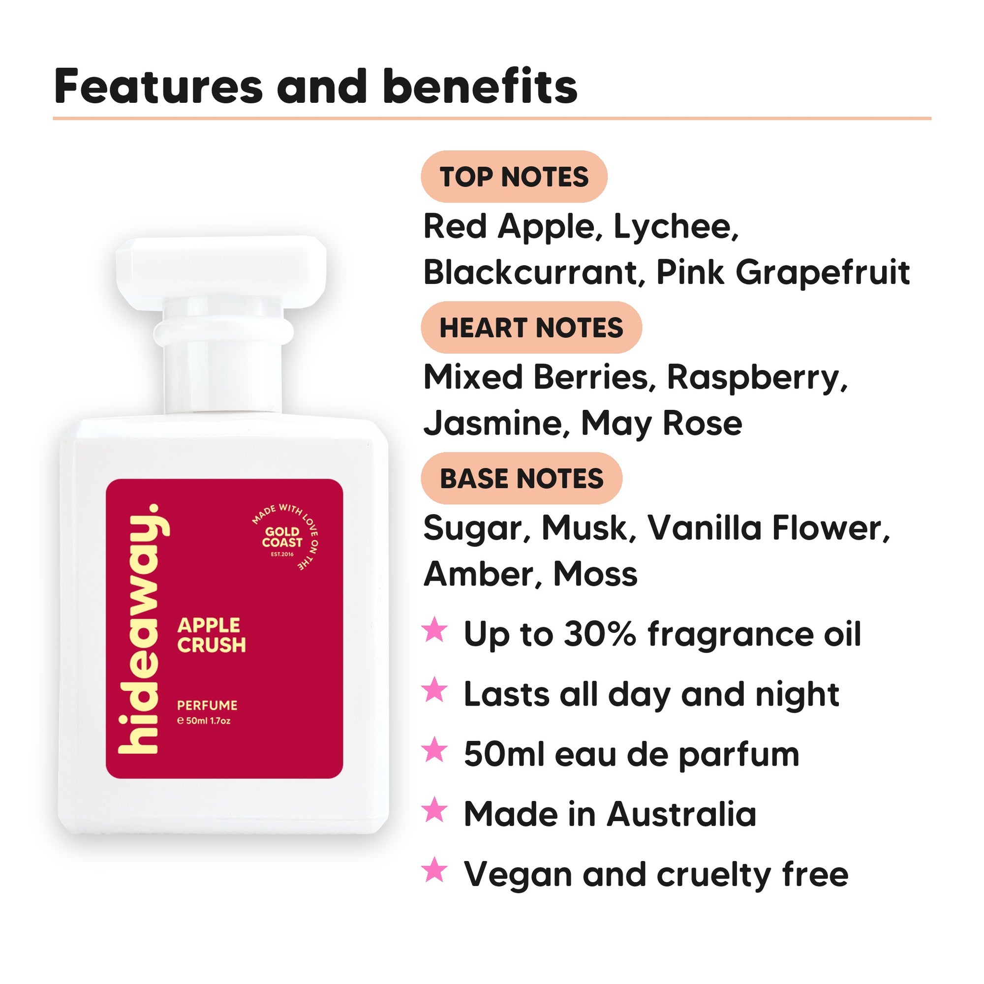 Apple Crush perfume scent notes, top notes Red Apple, Lychee, Blackcurrant, Pink Grapefruit, heart notes Mixed Berries, Raspberry, Jasmine, May Rose, base notes Sugar, Musk, Vanilla Flower, Amber, Moss