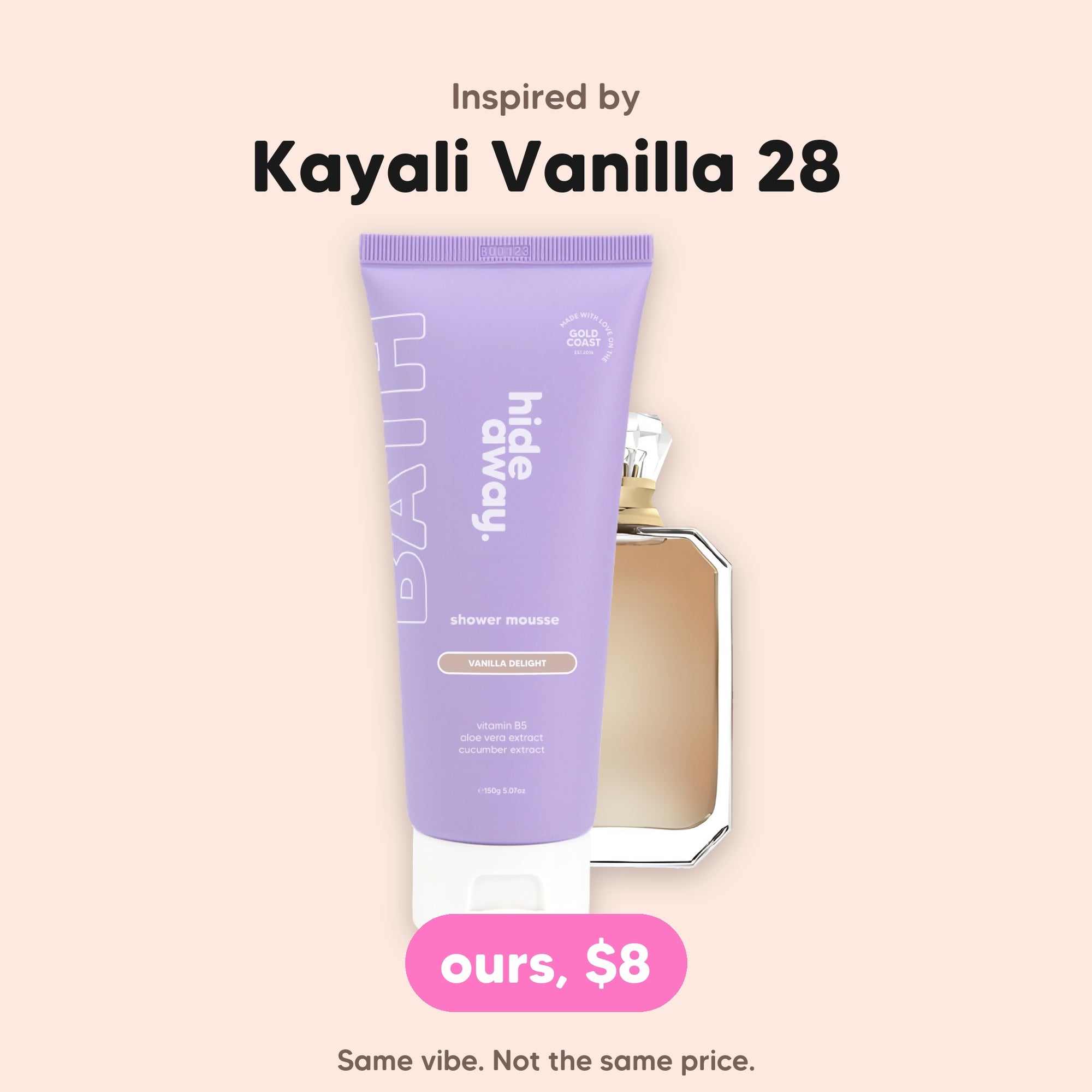 hideaway. Mini Vanilla Delight Shower Mousse, inspired by Kayali Vanilla 28, $8, made in Australia