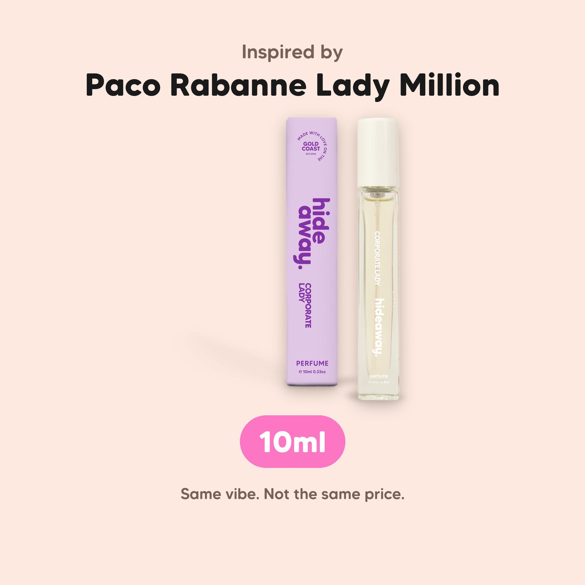 hideaway. Corporate Lady Perfume 10ml, inspired by Paco Rabanne Lady Million, made in Australia