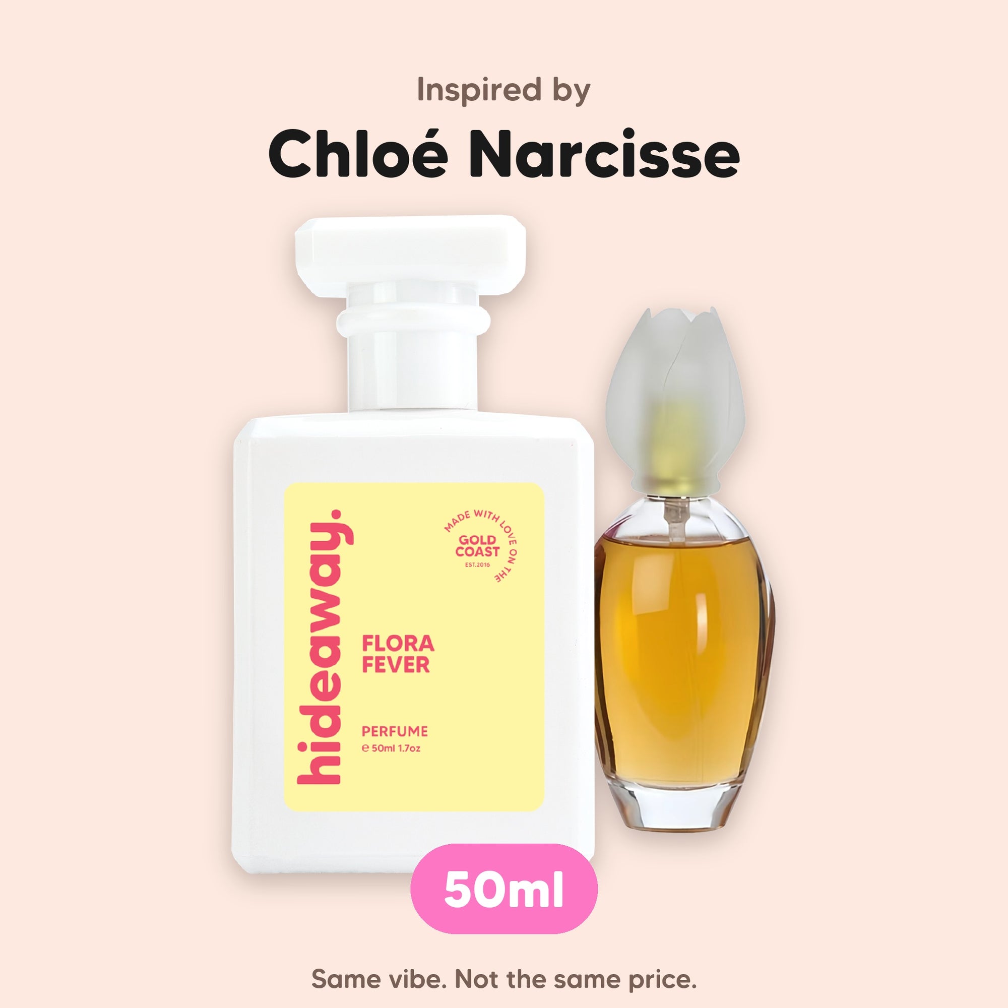 hideaway. Flora Fever perfume 50ml beside the Chloé Narcisse bottle it is inspired by, handmade on the Gold Coast
