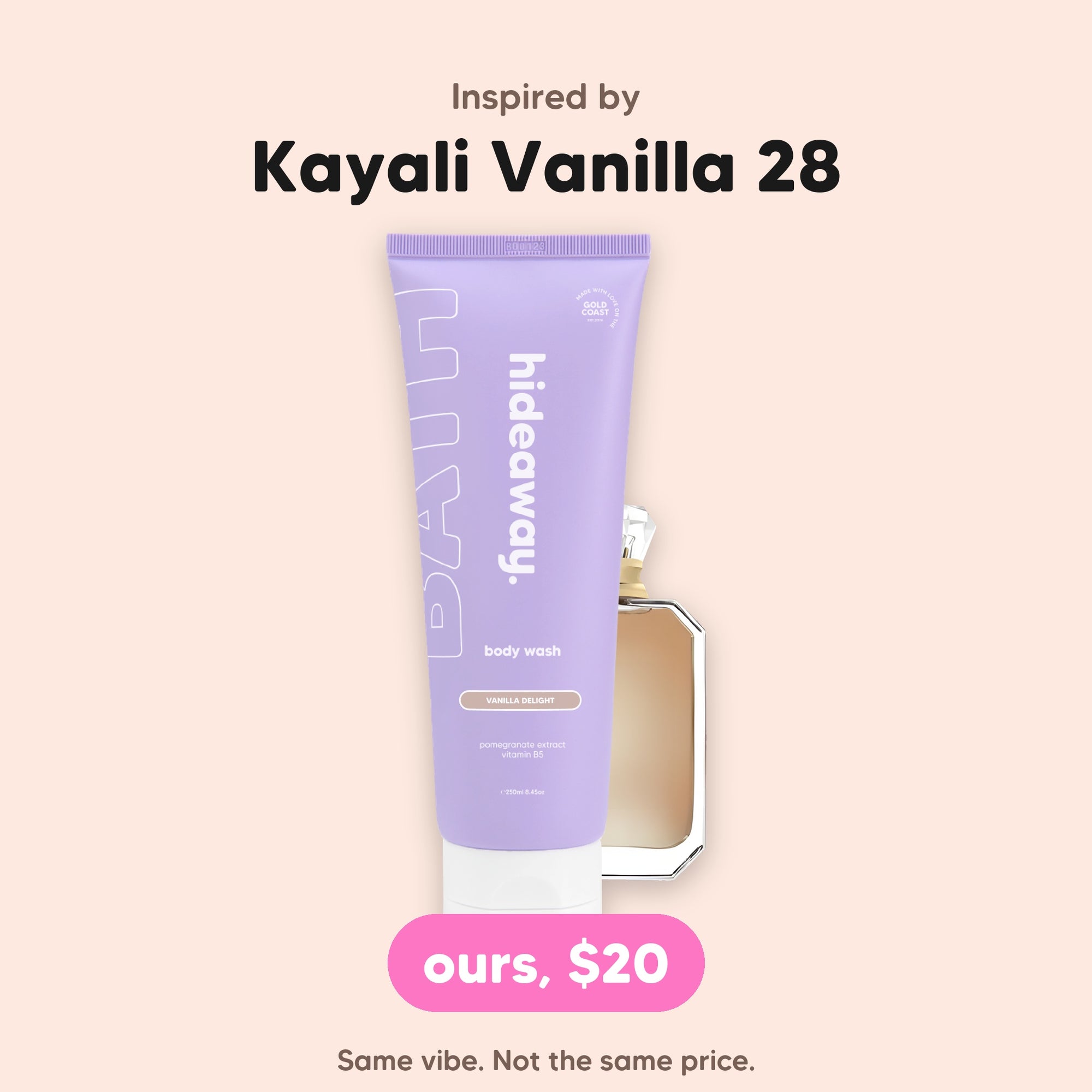 hideaway. Vanilla Delight Body Wash, inspired by Kayali Vanilla 28, $20, made in Australia