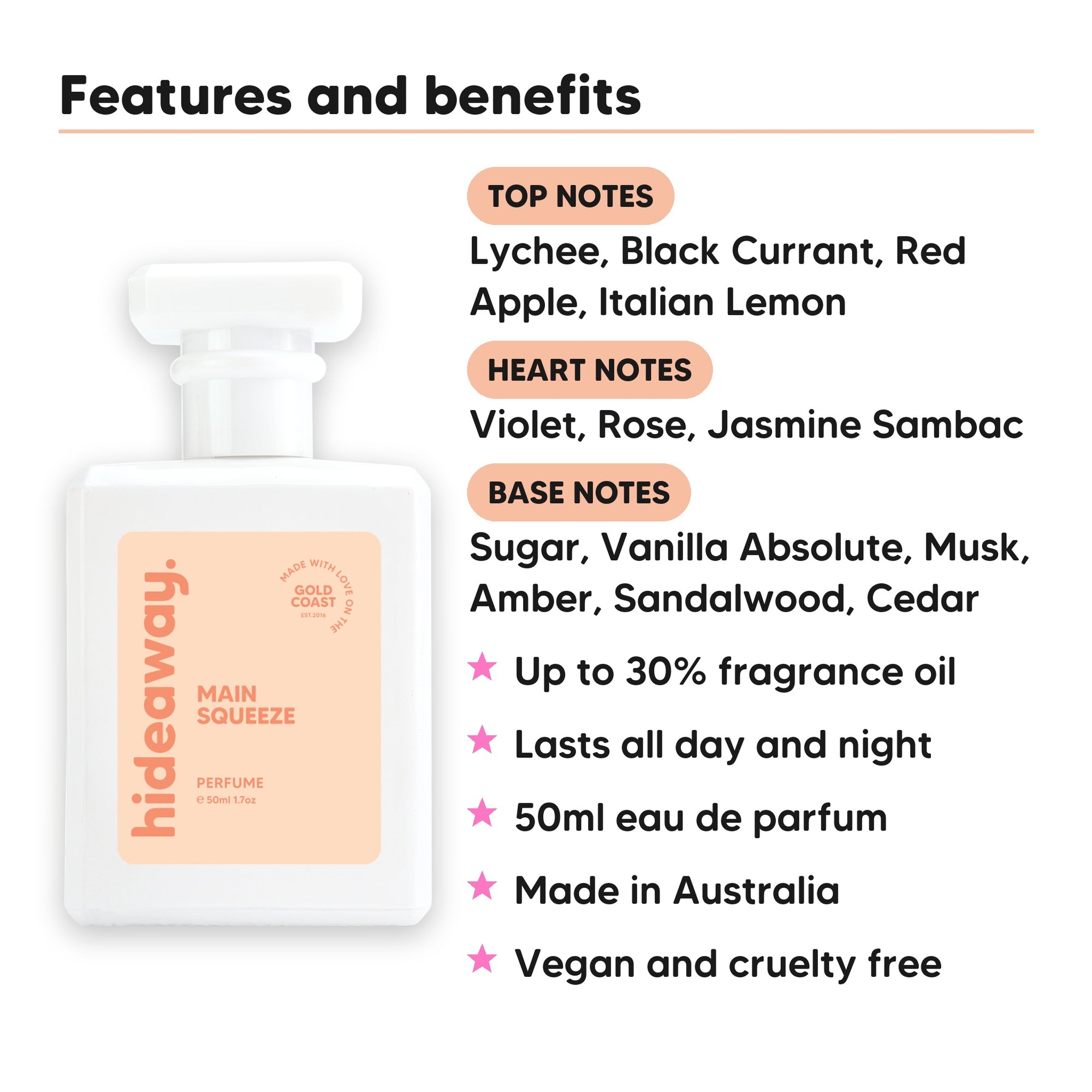 Main Squeeze perfume scent notes, top notes Lychee, Black Currant, Red Apple, Italian Lemon, heart notes Violet, Rose, Jasmine Sambac, base notes Sugar, Vanilla Absolute, Musk, Amber, Sandalwood, Cedar
