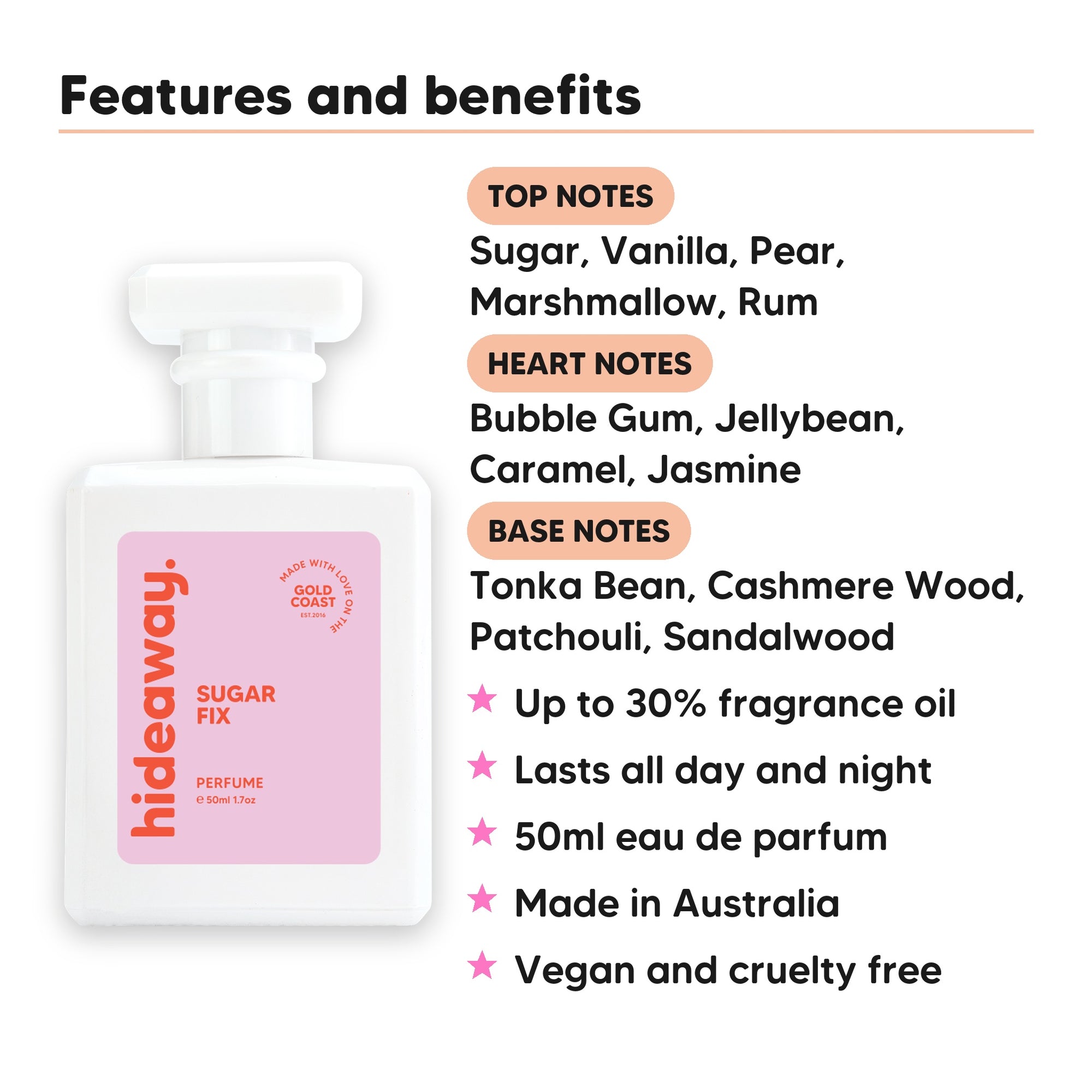 Sugar Fix perfume scent notes, top notes Sugar, Vanilla, Pear, Marshmallow, Rum, heart notes Bubble Gum, Jellybean, Caramel, Jasmine, base notes Tonka Bean, Cashmere Wood, Patchouli, Sandalwood