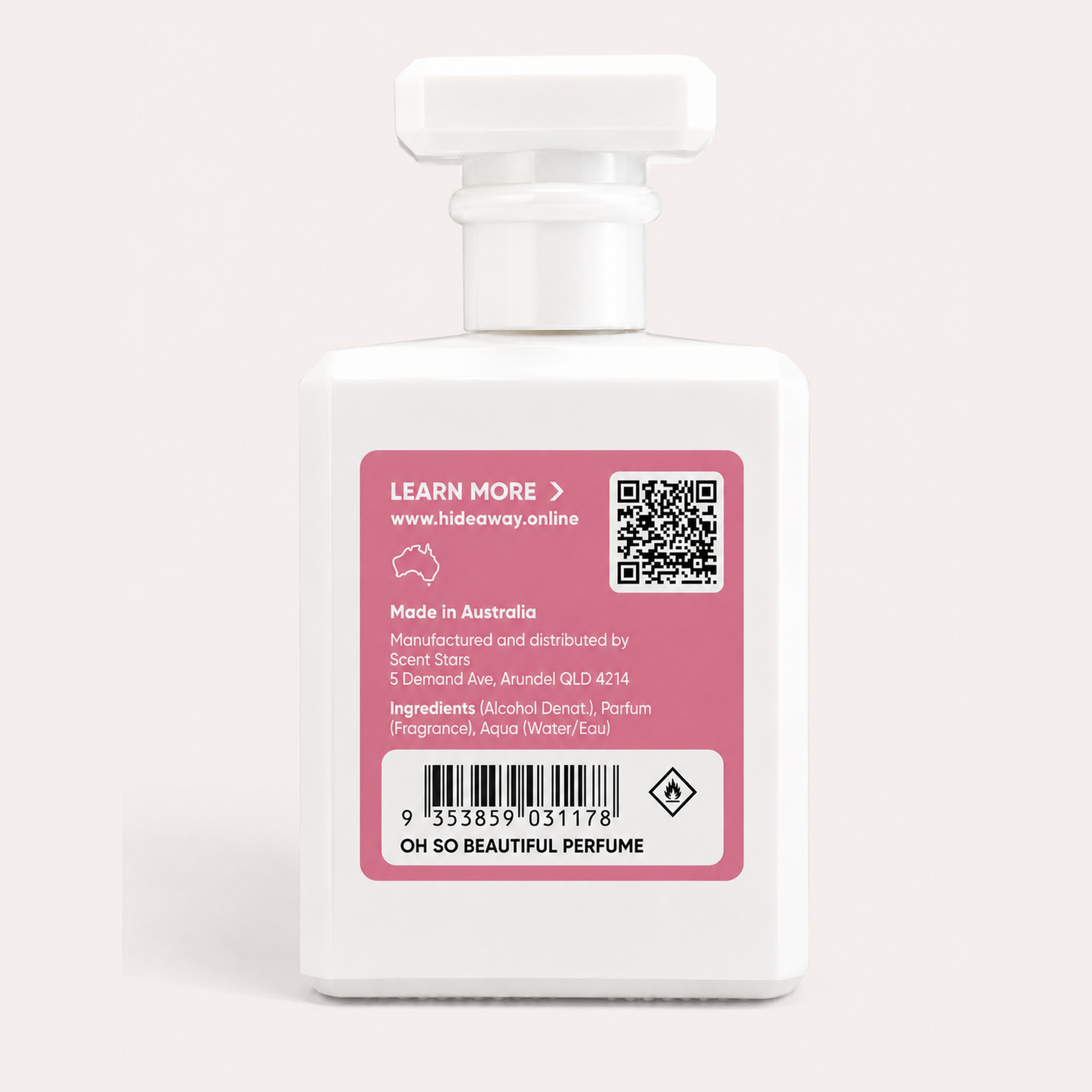 hideaway. Oh So Beautiful perfume 50ml back label, made in Australia, vegan and cruelty free