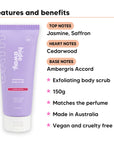 Aurora Rouge Body Scrub features, top notes Jasmine, Saffron, heart notes Cedarwood, base notes Ambergris Accord, 150g, vegan and cruelty free