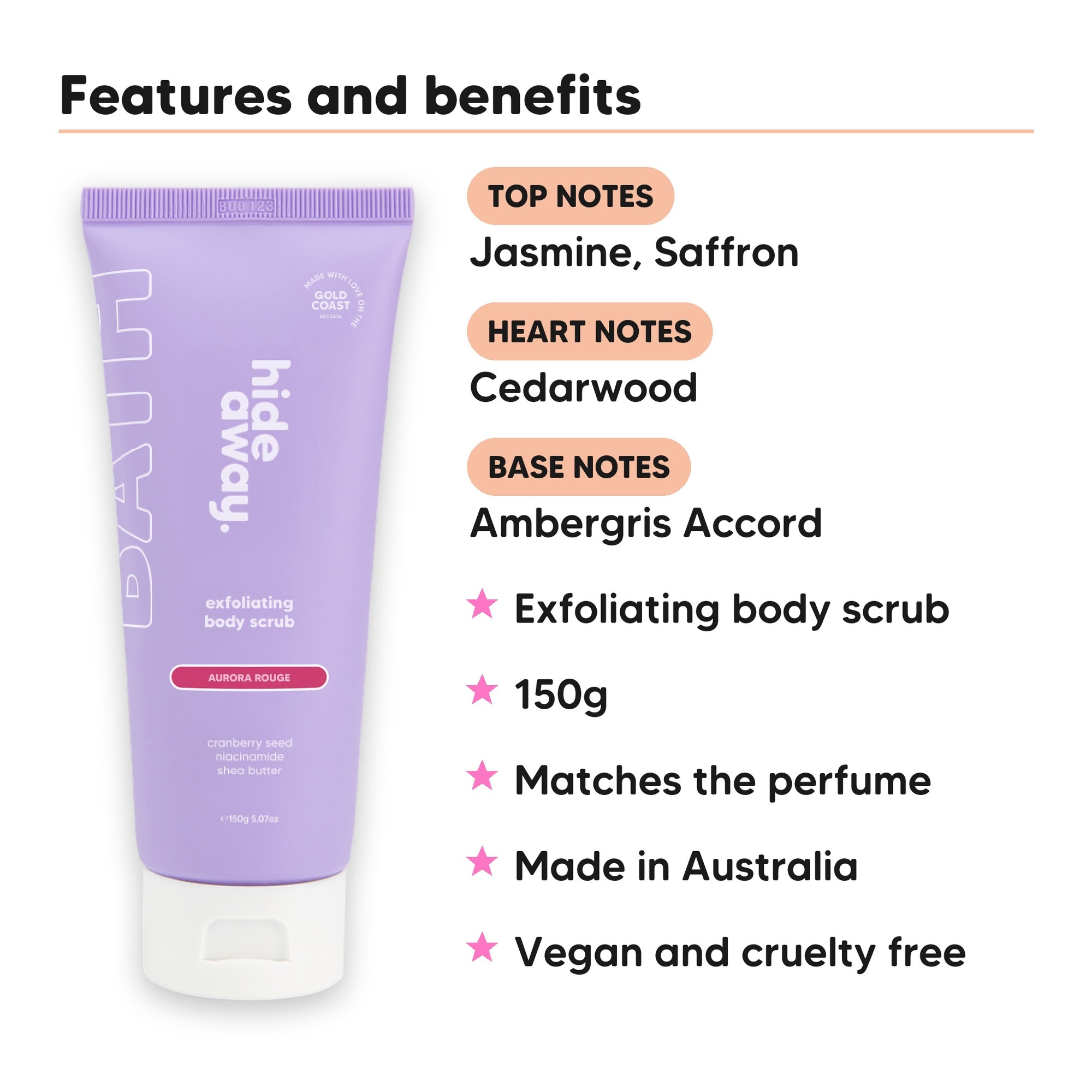 Aurora Rouge Body Scrub features, top notes Jasmine, Saffron, heart notes Cedarwood, base notes Ambergris Accord, 150g, vegan and cruelty free