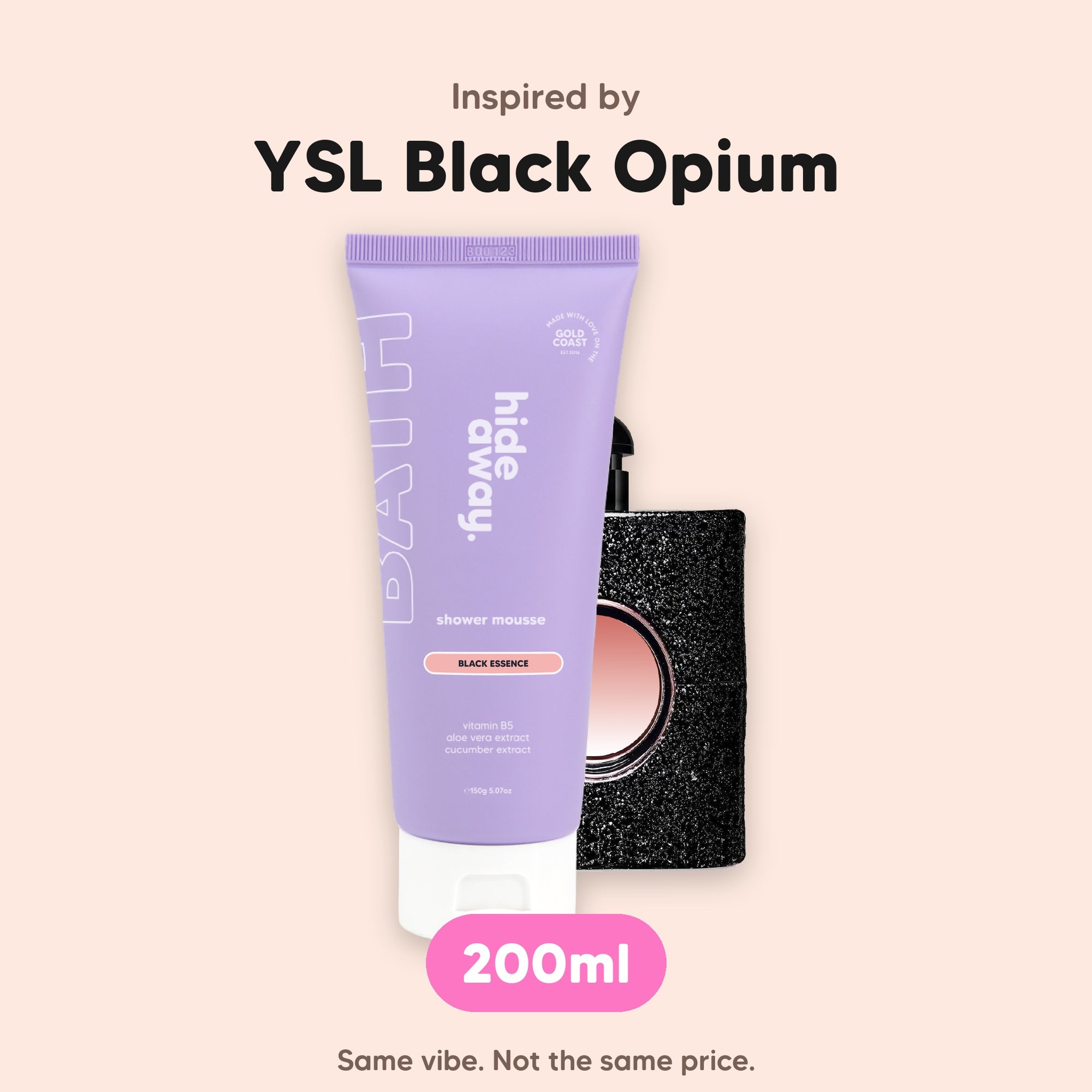 hideaway. Black Essence Shower Mousse, inspired by YSL Black Opium, 200ml, made in Australia