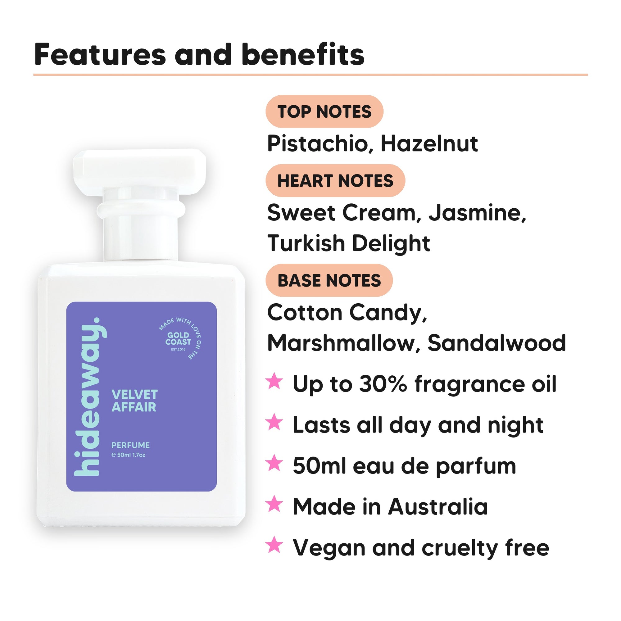 Velvet Affair perfume scent notes, top notes Pistachio, Hazelnut, heart notes Sweet Cream, Jasmine, Turkish Delight, base notes Cotton Candy, Marshmallow, Sandalwood