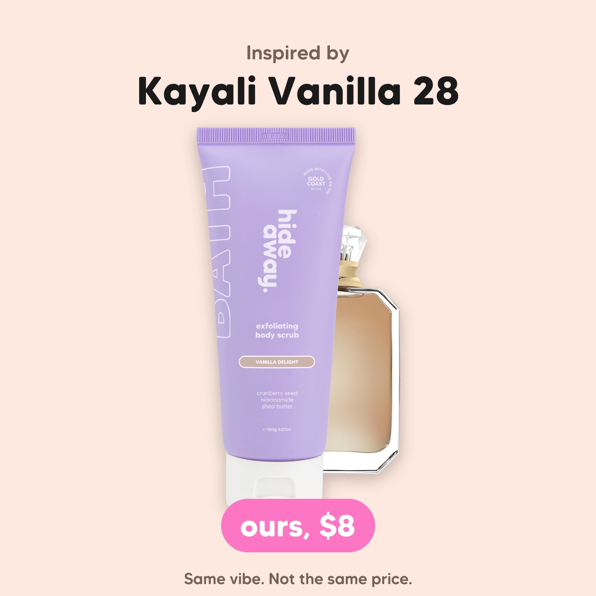 hideaway. Mini Vanilla Delight Body Scrub, inspired by Kayali Vanilla 28, $8, made in Australia
