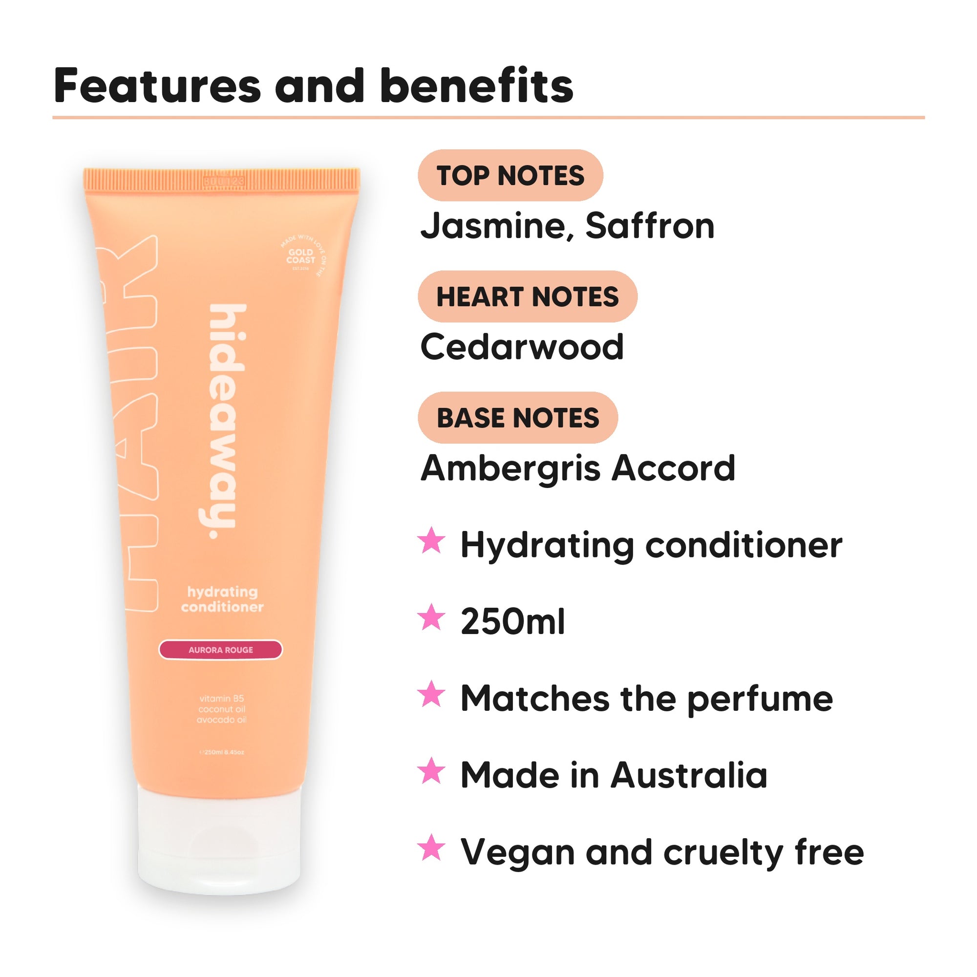 Aurora Rouge Conditioner features, top notes Jasmine, Saffron, heart notes Cedarwood, base notes Ambergris Accord, 250ml, vegan and cruelty free