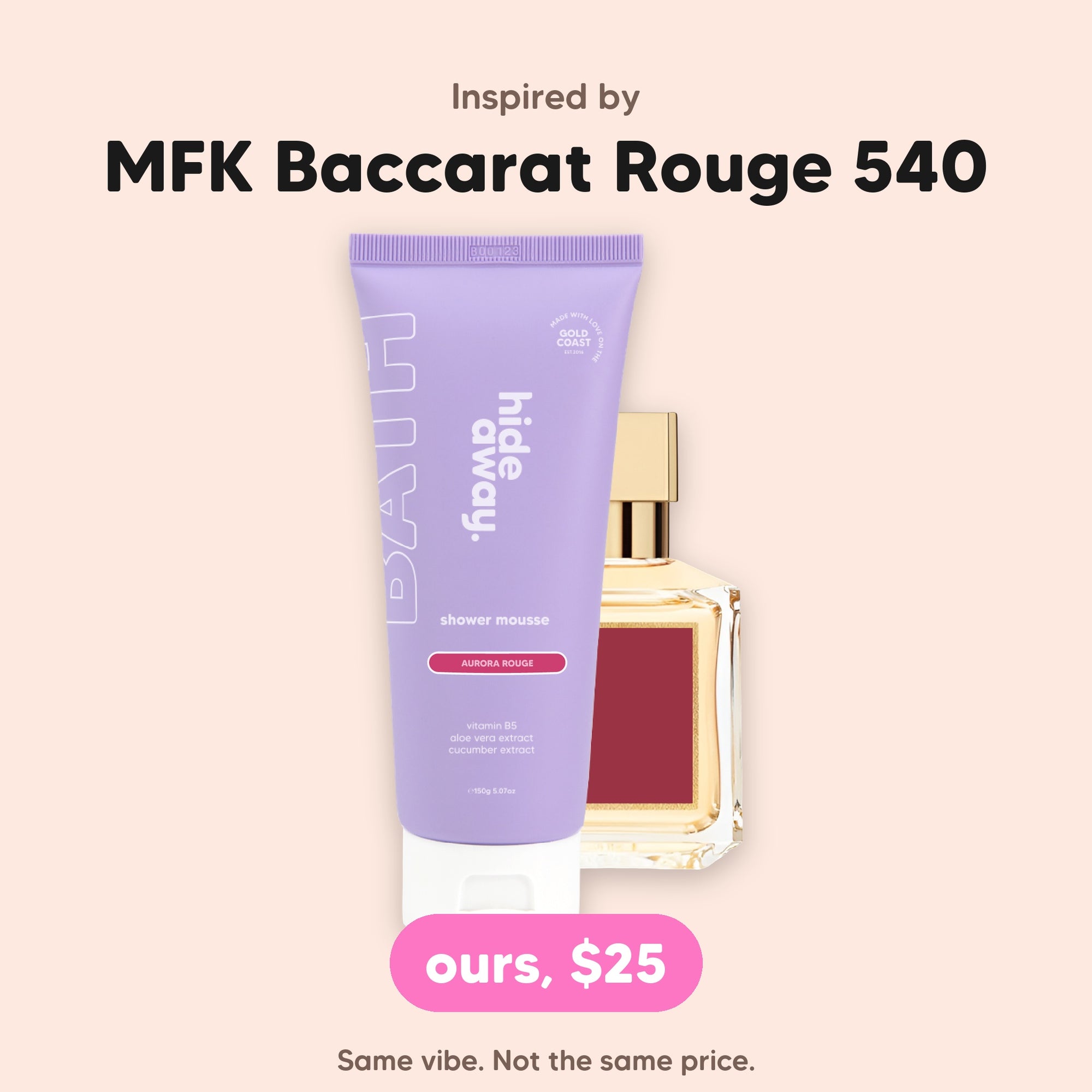 hideaway. Aurora Rouge Shower Mousse, inspired by MFK Baccarat Rouge 540, $25, made in Australia