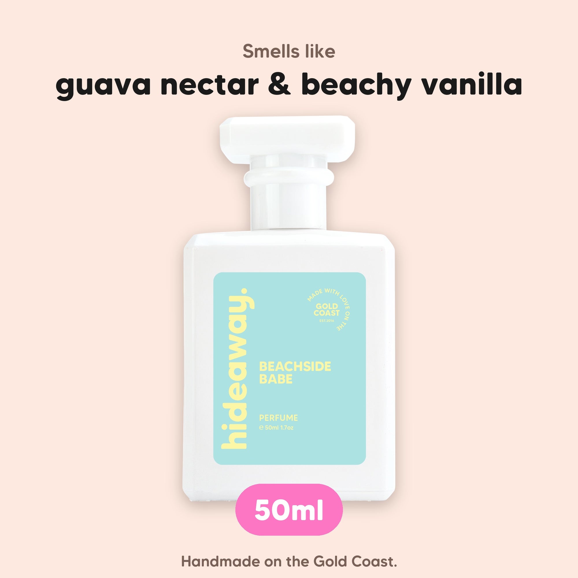 hideaway. Beachside Babe perfume 50ml bottle, vegan and handmade on the Gold Coast