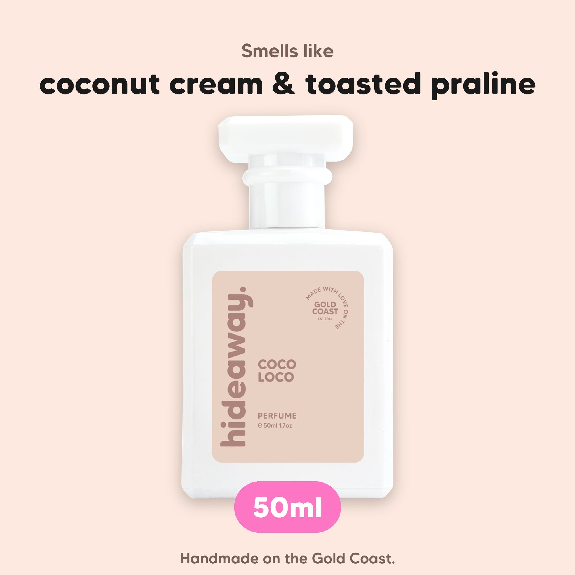 hideaway. Coco Loco perfume 50ml bottle, vegan and handmade on the Gold Coast