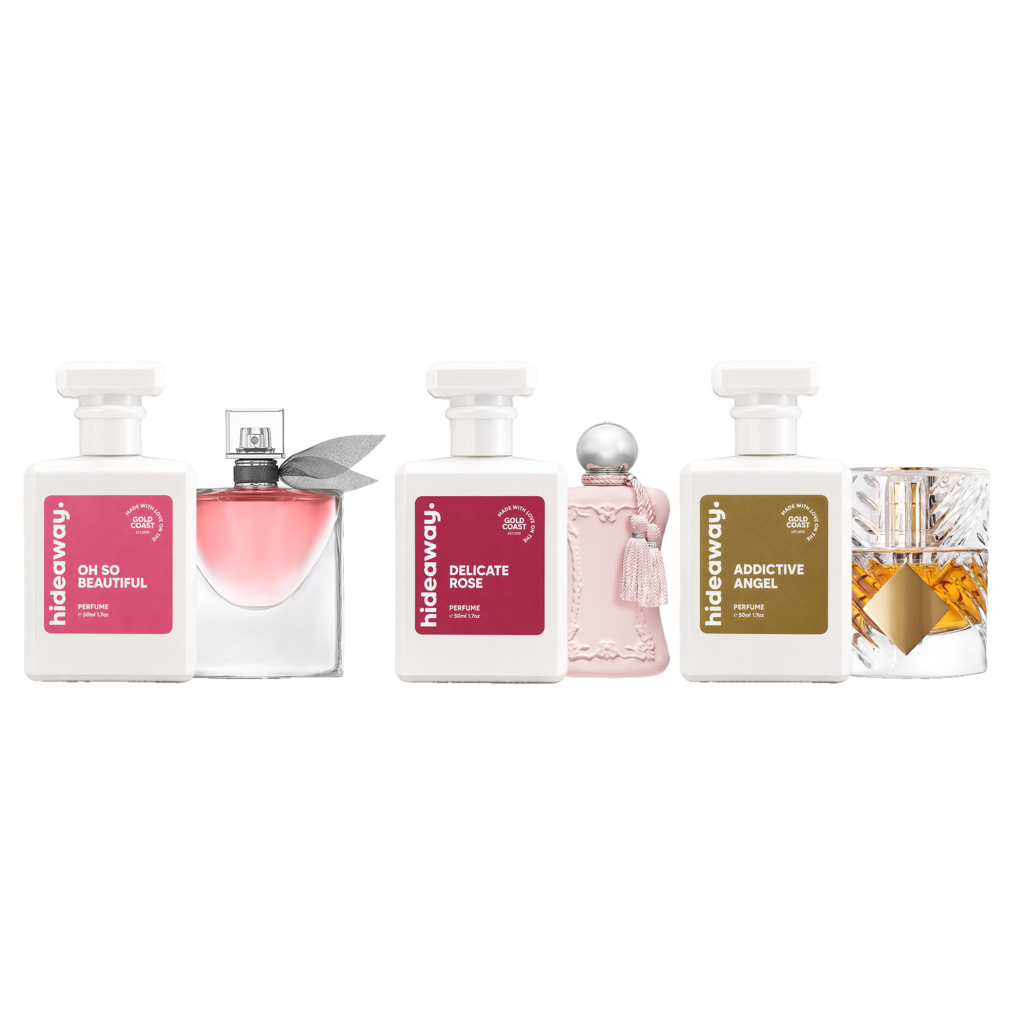 The three new hideaway. perfumes, each beside the designer bottle it is inspired by