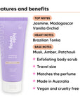 Mini Vanilla Delight Body Scrub features, top notes Jasmine, Madagascar Vanilla Orchid, heart notes Brazilian Tonka, base notes Musk, Amber, Patchouli, travel size, vegan and cruelty free