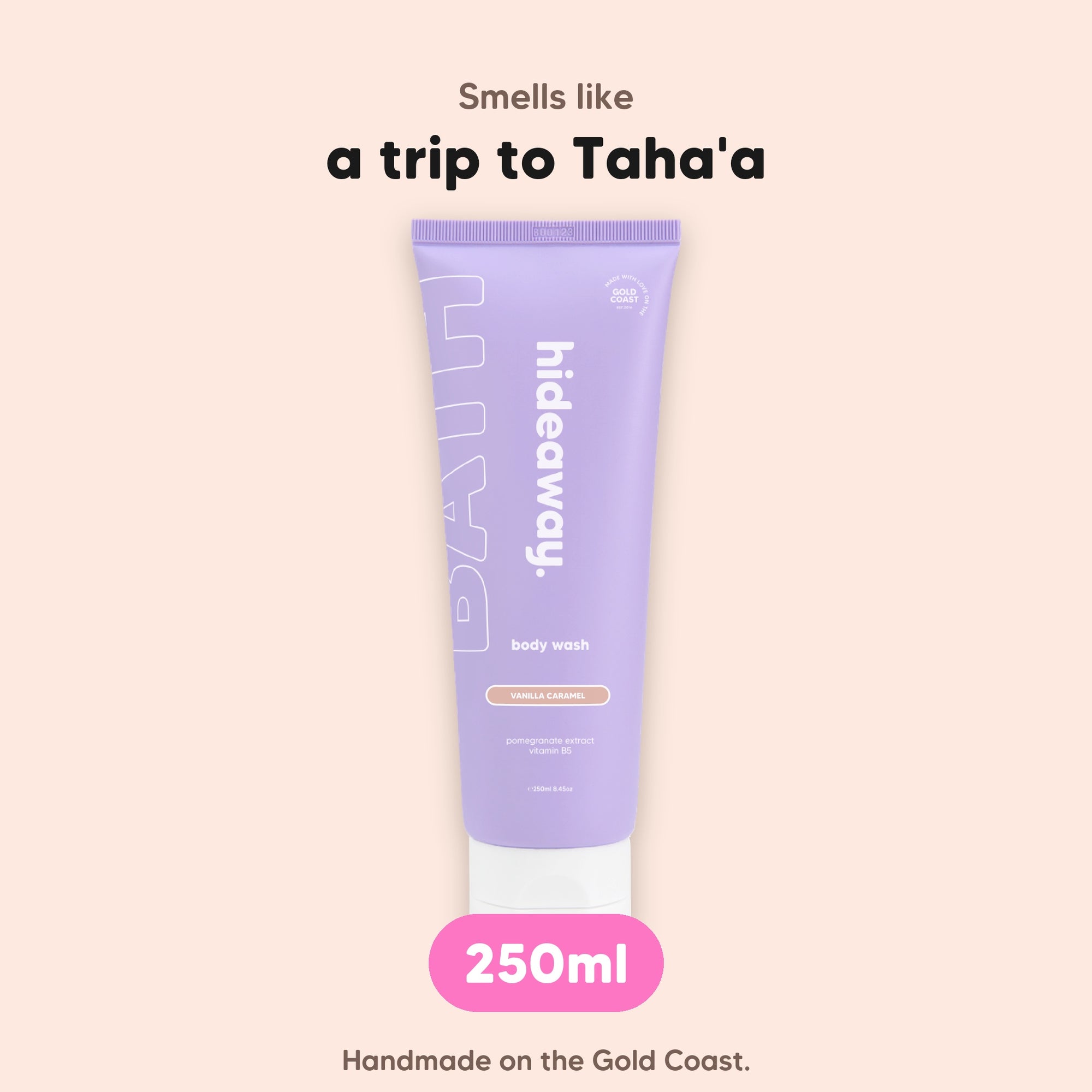 hideaway. Vanilla Caramel Body Wash, 250ml, vegan and made in Australia