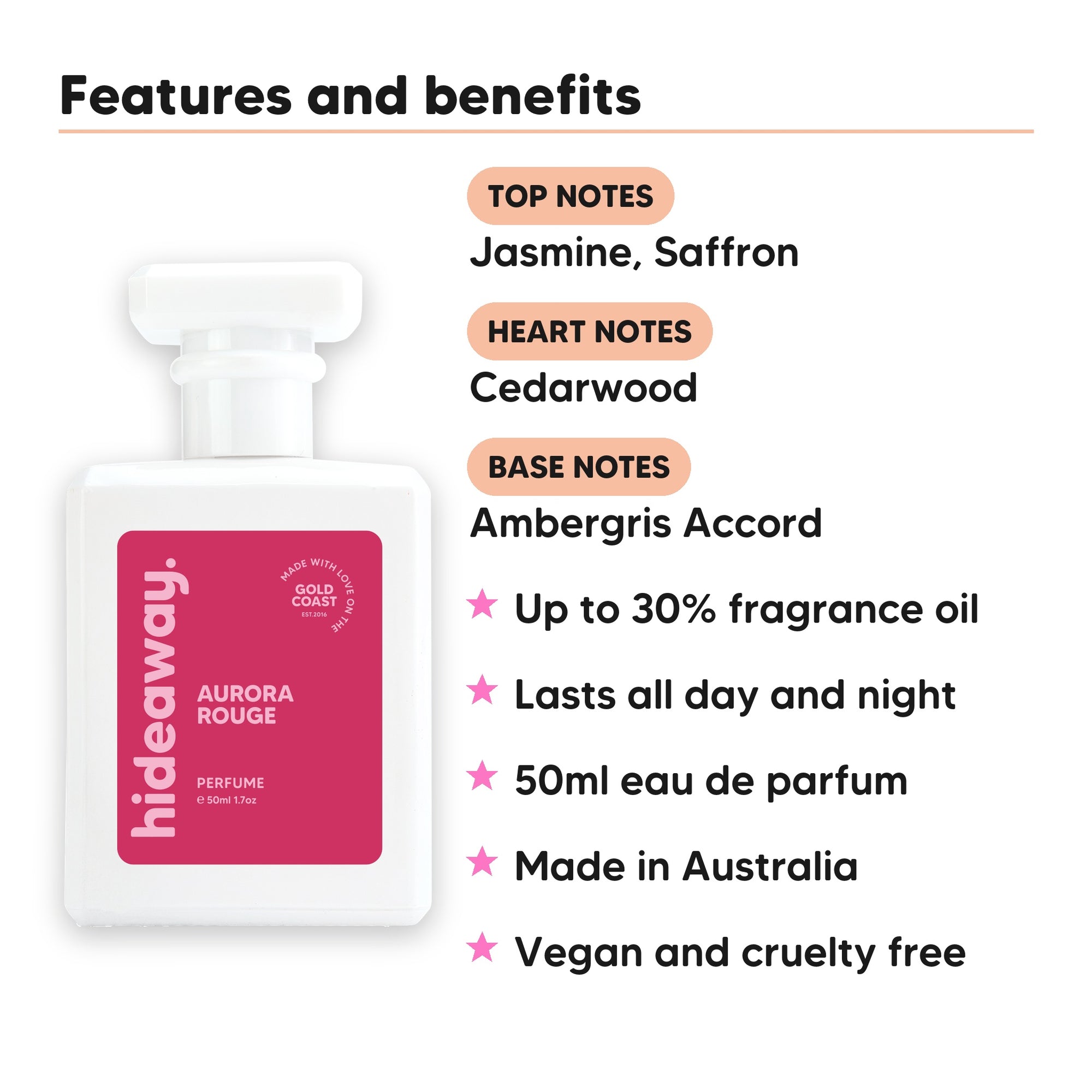 Aurora Rouge perfume scent notes, top notes Jasmine, Saffron, heart notes Cedarwood, base notes Ambergris Accord