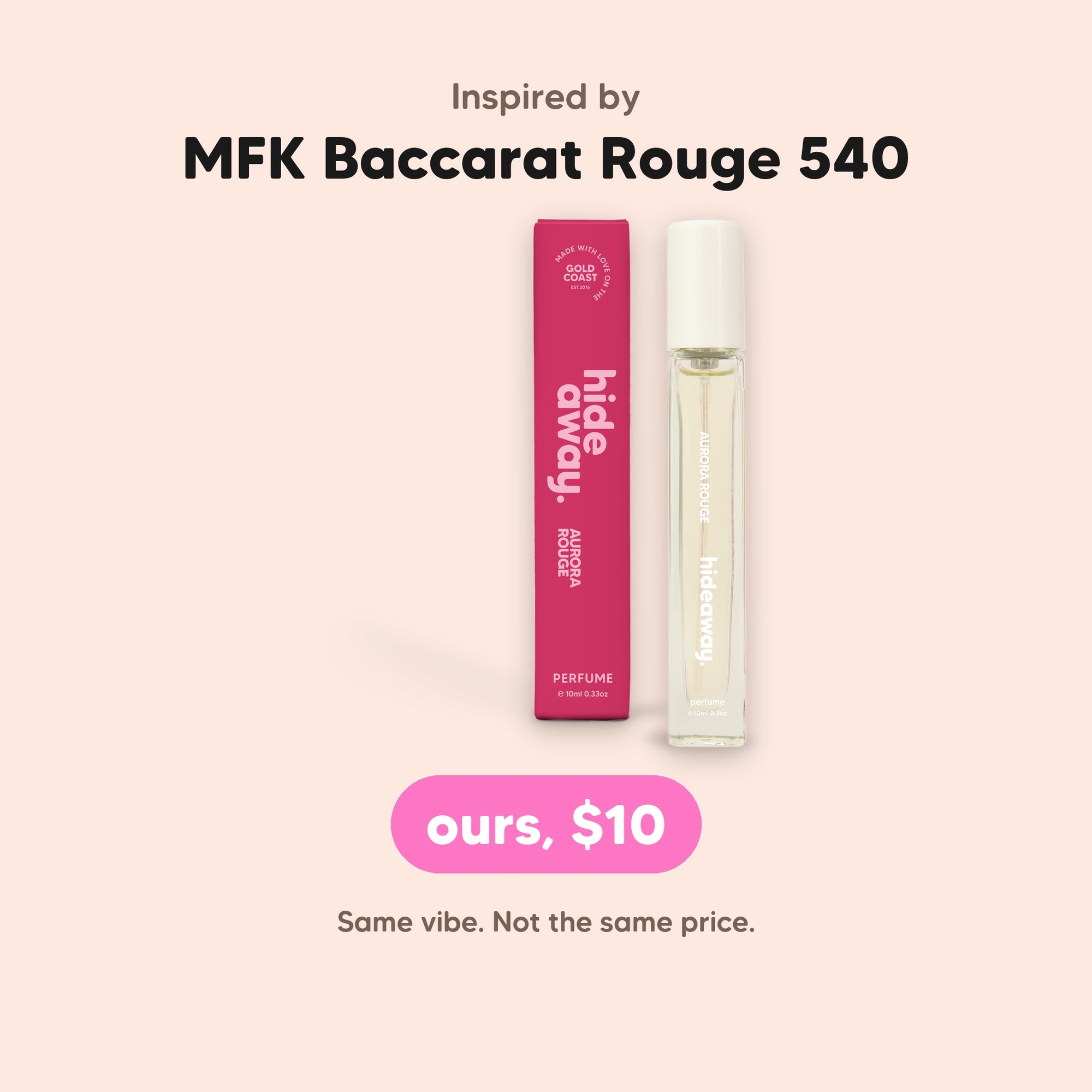 hideaway. Aurora Rouge Perfume 10ml, inspired by MFK Baccarat Rouge 540, $10, made in Australia