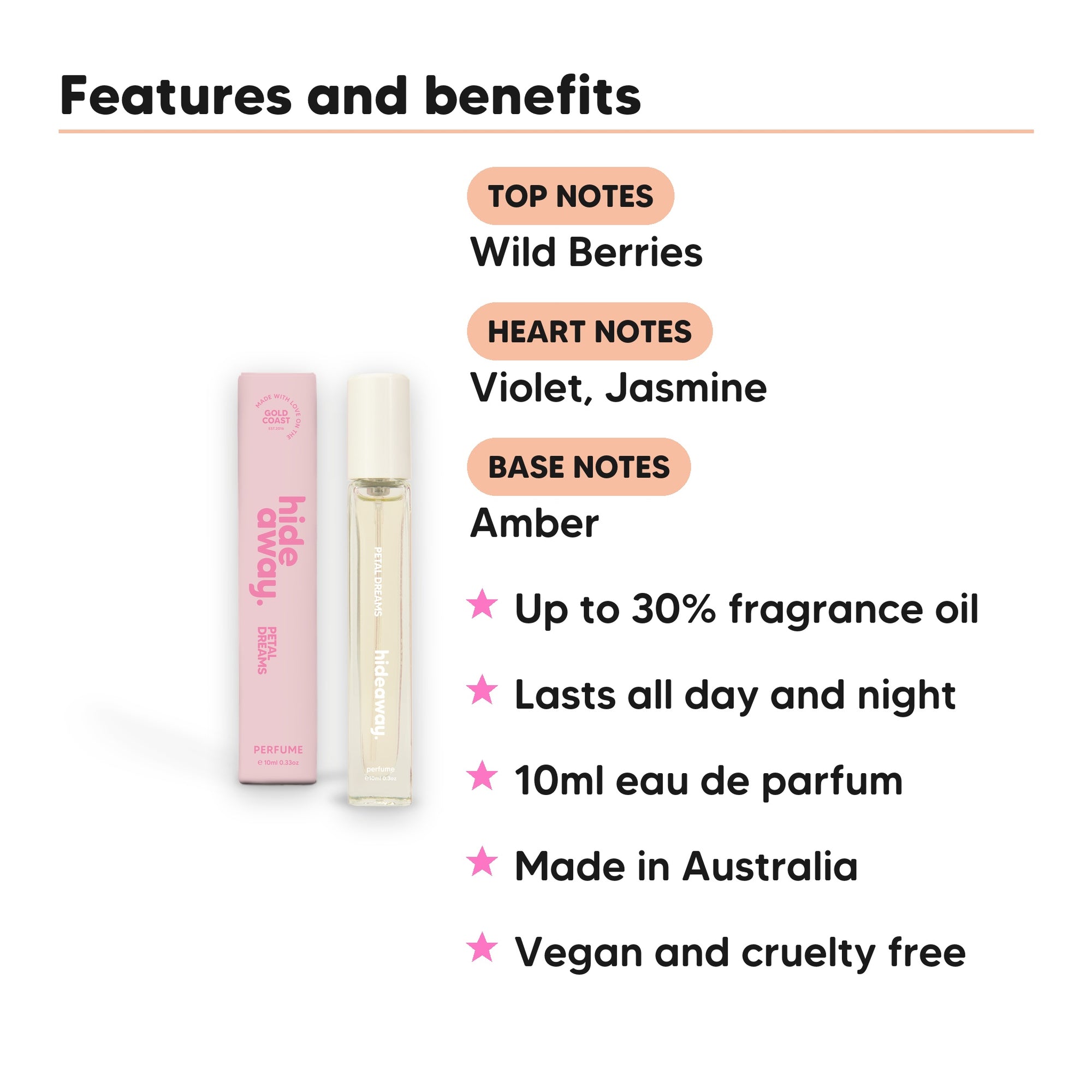 Petal Dreams Perfume 10ml features, top notes Wild Berries, heart notes Violet, Jasmine, base notes Amber, 10ml, vegan and cruelty free