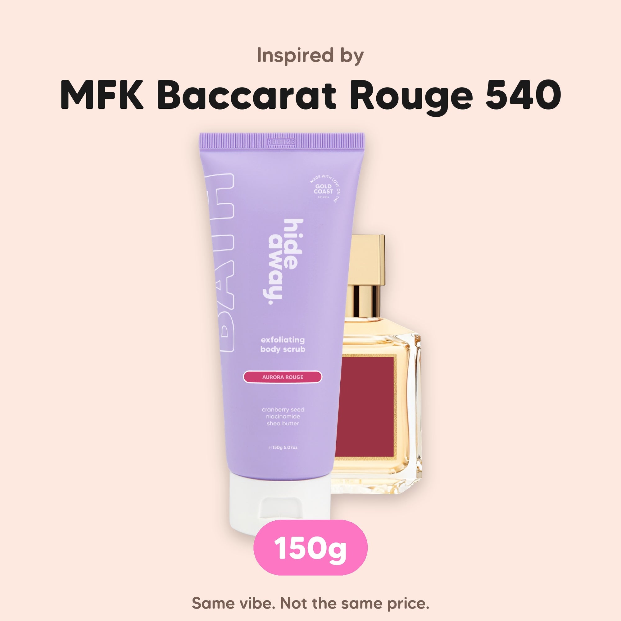 hideaway. Aurora Rouge Body Scrub, inspired by MFK Baccarat Rouge 540, 150g, made in Australia