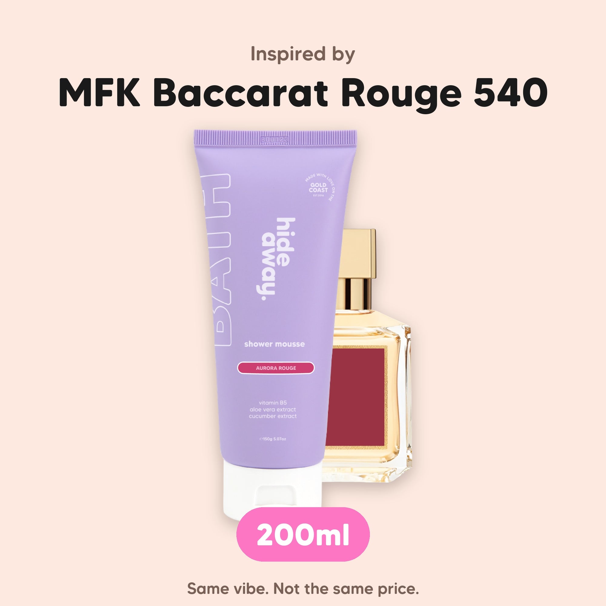 hideaway. Aurora Rouge Shower Mousse, inspired by MFK Baccarat Rouge 540, 200ml, made in Australia
