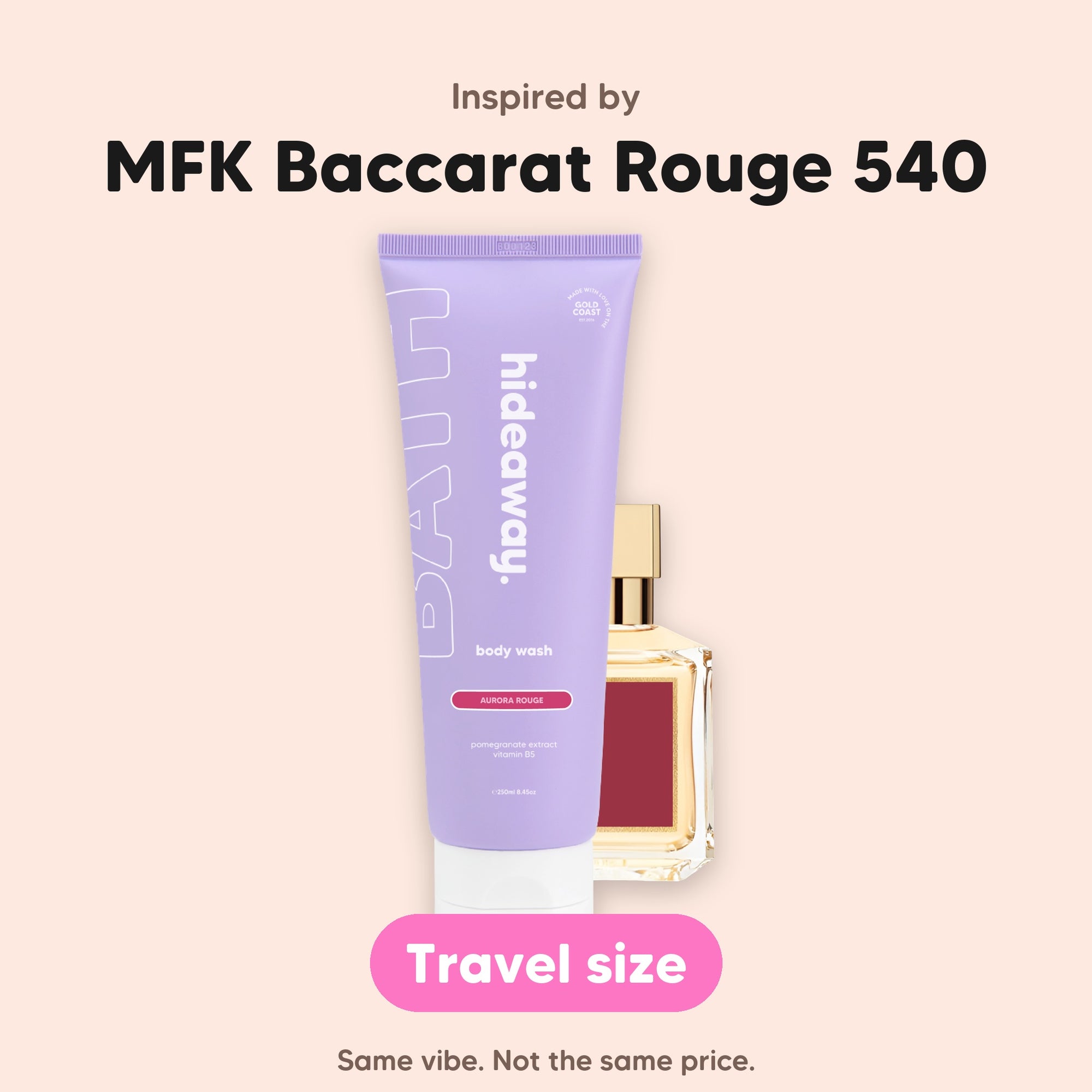 hideaway. Mini Aurora Rouge Body Wash, inspired by MFK Baccarat Rouge 540, travel size, made in Australia