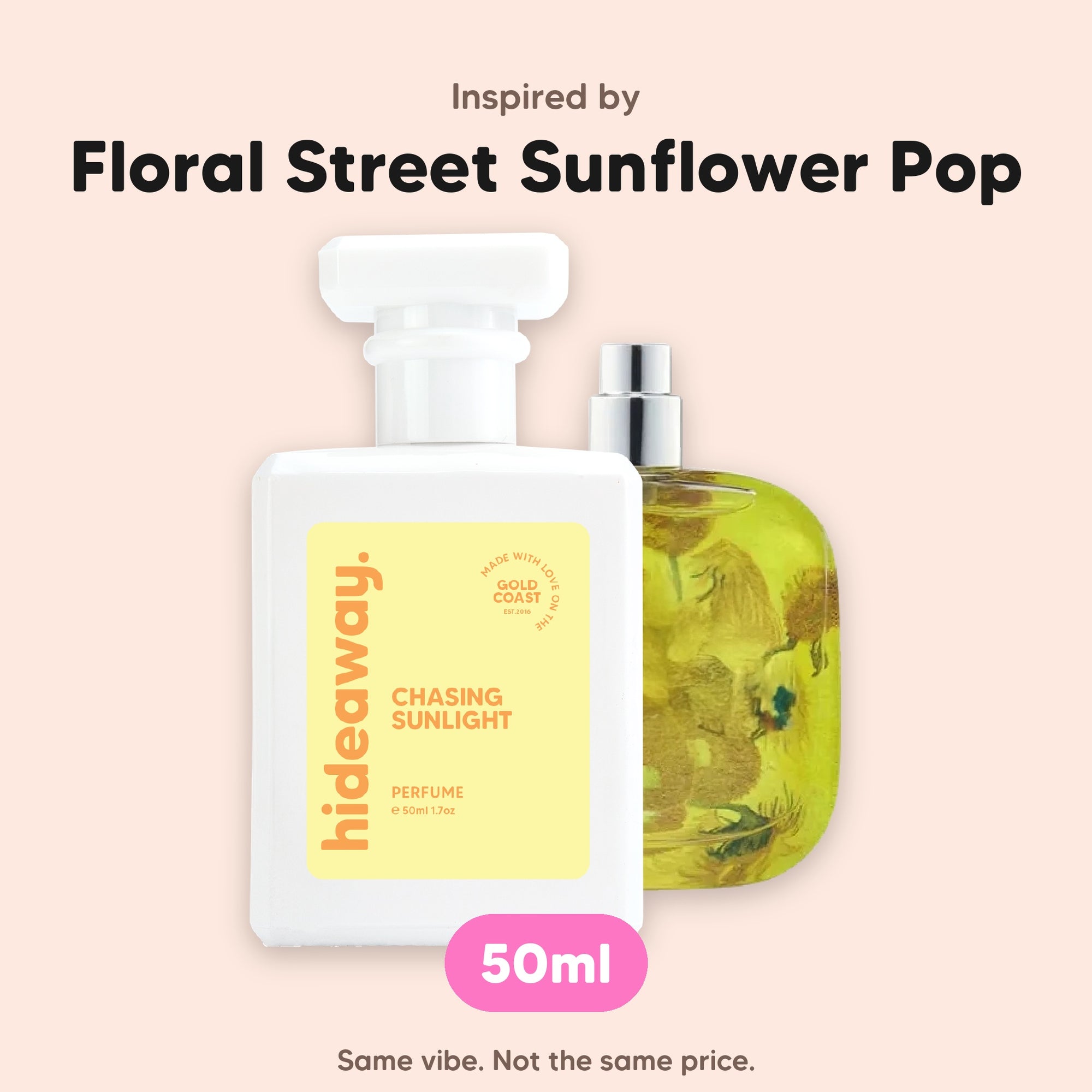 hideaway. Chasing Sunlight perfume 50ml beside the Floral Street Sunflower Pop bottle it is inspired by, handmade on the Gold Coast