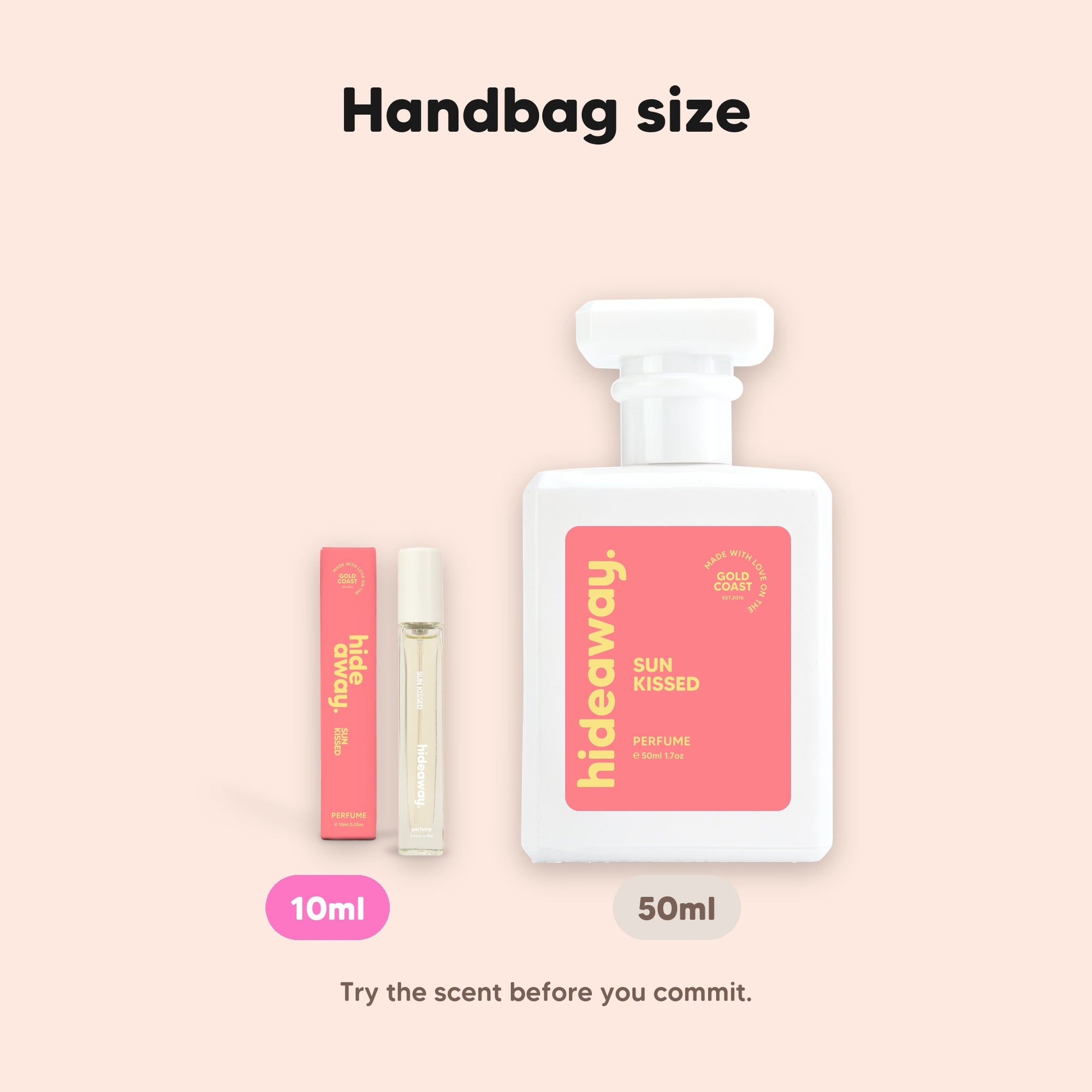hideaway. Sun Kissed perfume 10ml travel size beside the 50ml bottle, handbag size, $10