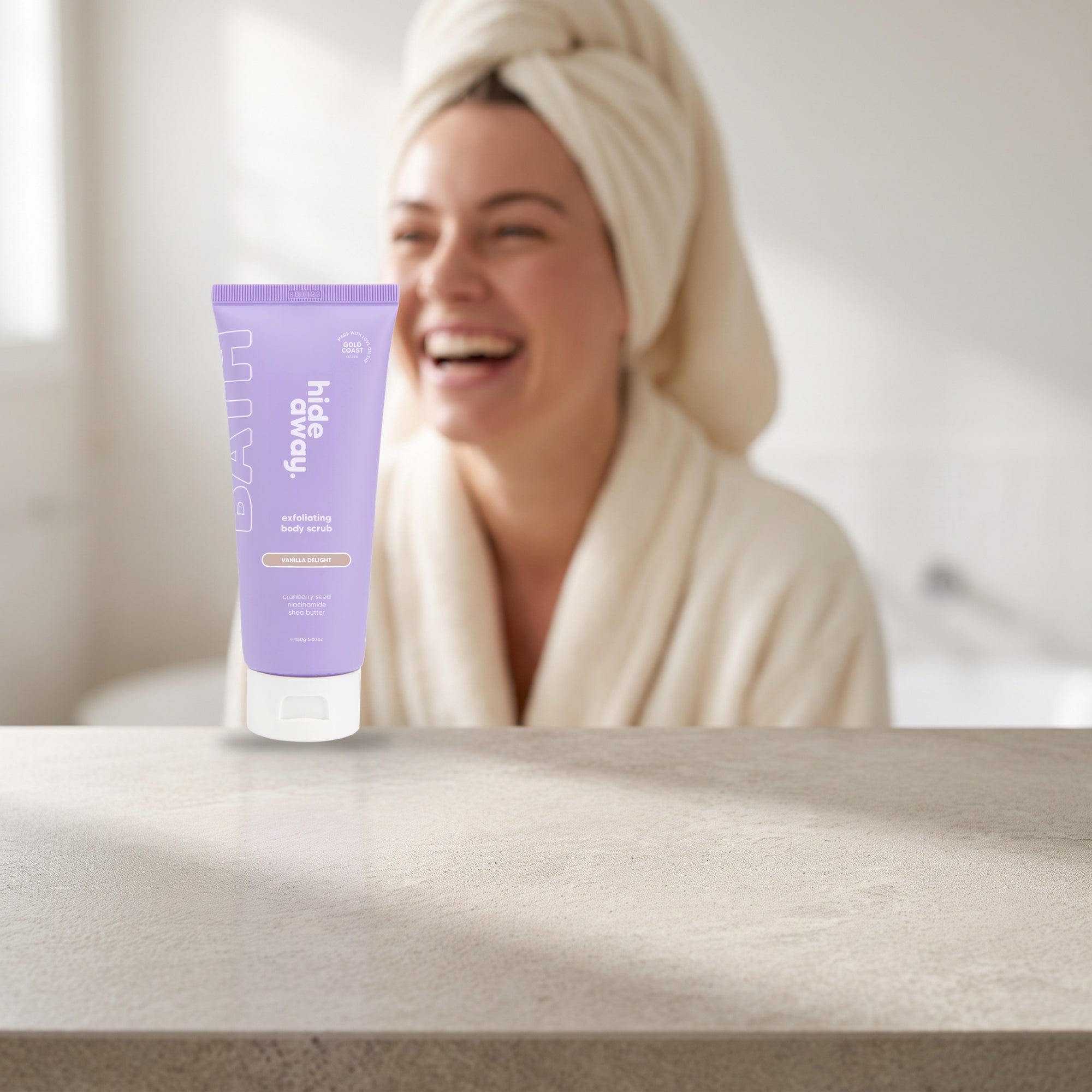 hideaway. Vanilla Delight Body Scrub on a stone bathroom counter in soft daylight