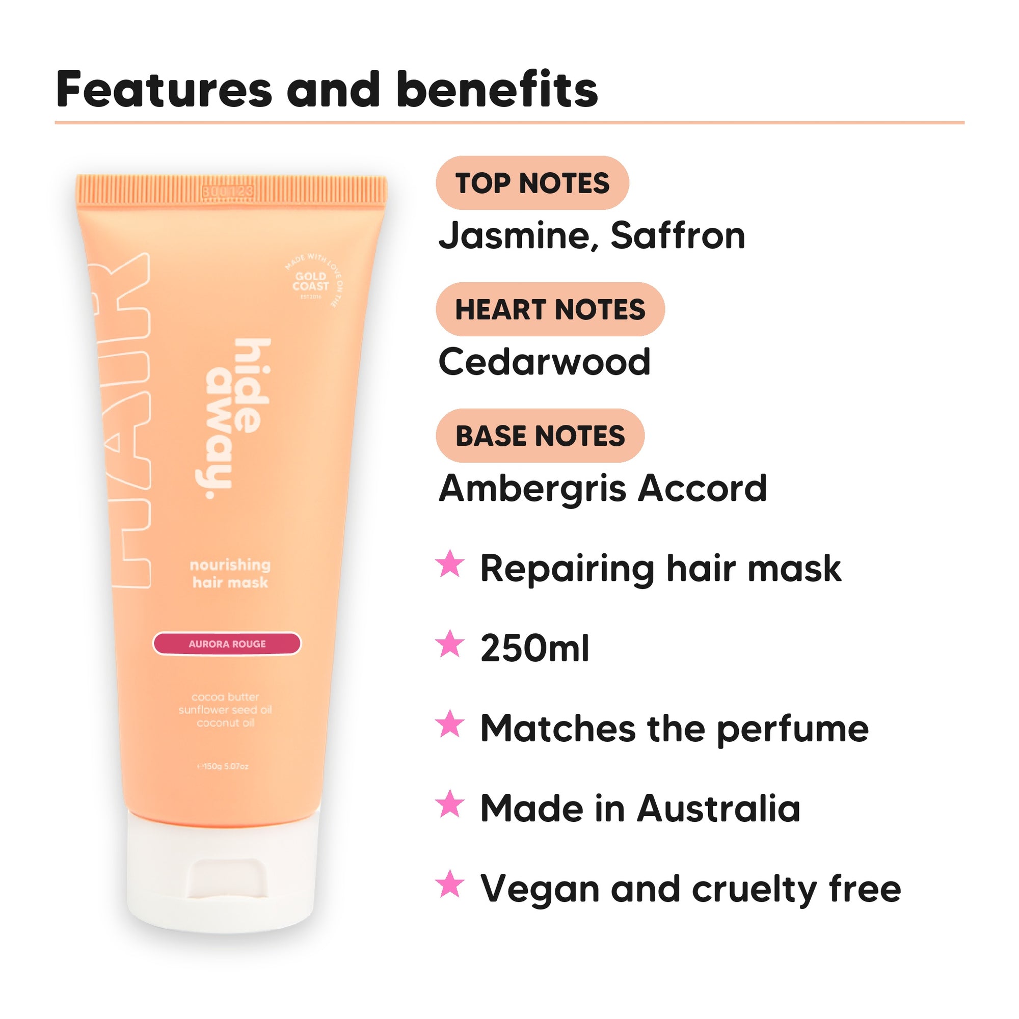 Aurora Rouge Hair Mask features, top notes Jasmine, Saffron, heart notes Cedarwood, base notes Ambergris Accord, 250ml, vegan and cruelty free