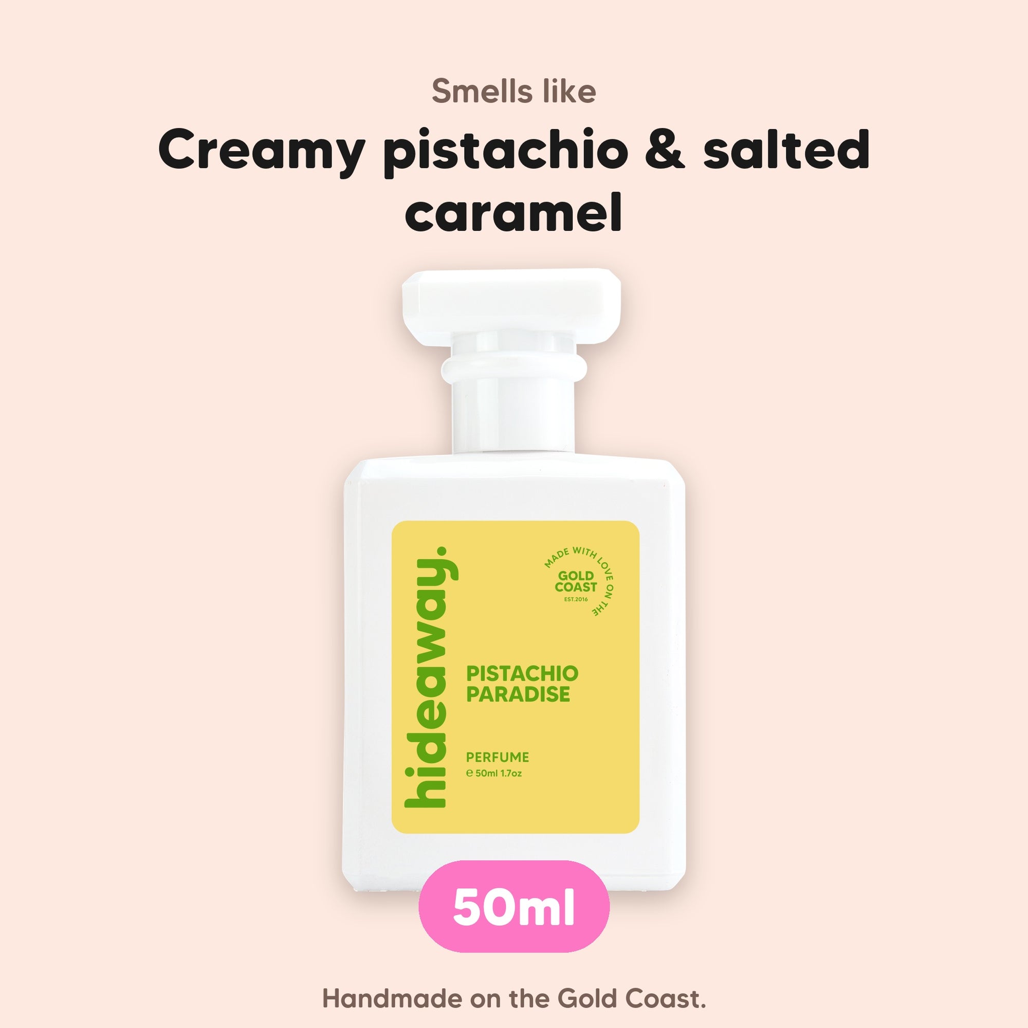hideaway. Pistachio Paradise perfume 50ml bottle, vegan and handmade on the Gold Coast
