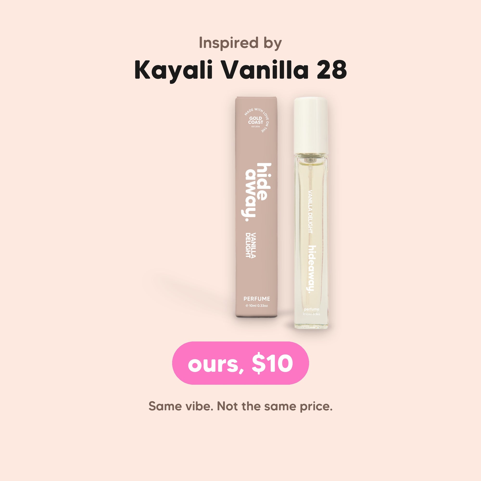 hideaway. Vanilla Delight Perfume 10ml, inspired by Kayali Vanilla 28, $10, made in Australia