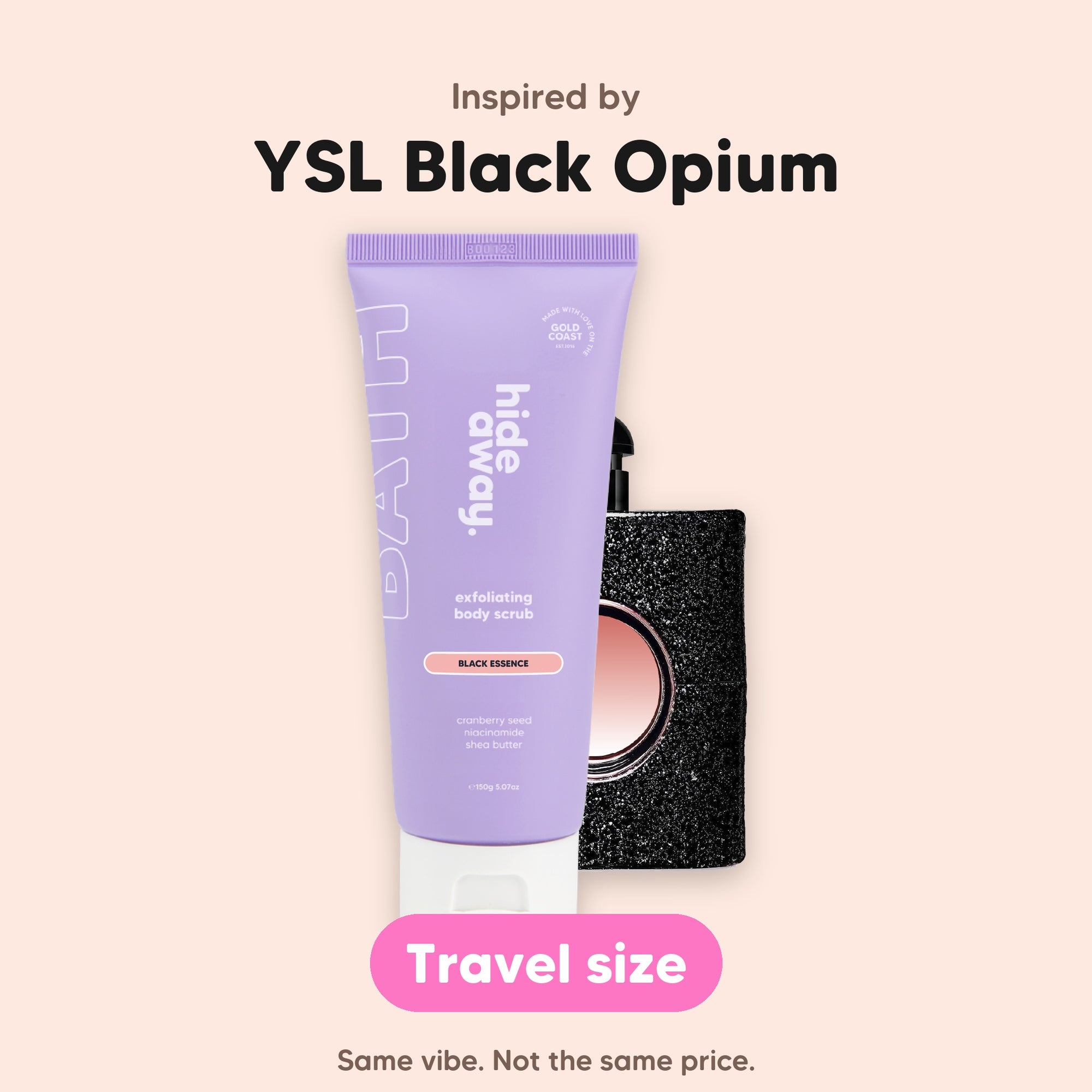 hideaway. Mini Black Essence Body Scrub, inspired by YSL Black Opium, travel size, made in Australia