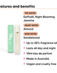 Perfect Day Perfume 10ml features, top notes Daffodil, Night Blooming Jasmine, heart notes Almond, base notes Sandalwood, 10ml, vegan and cruelty free