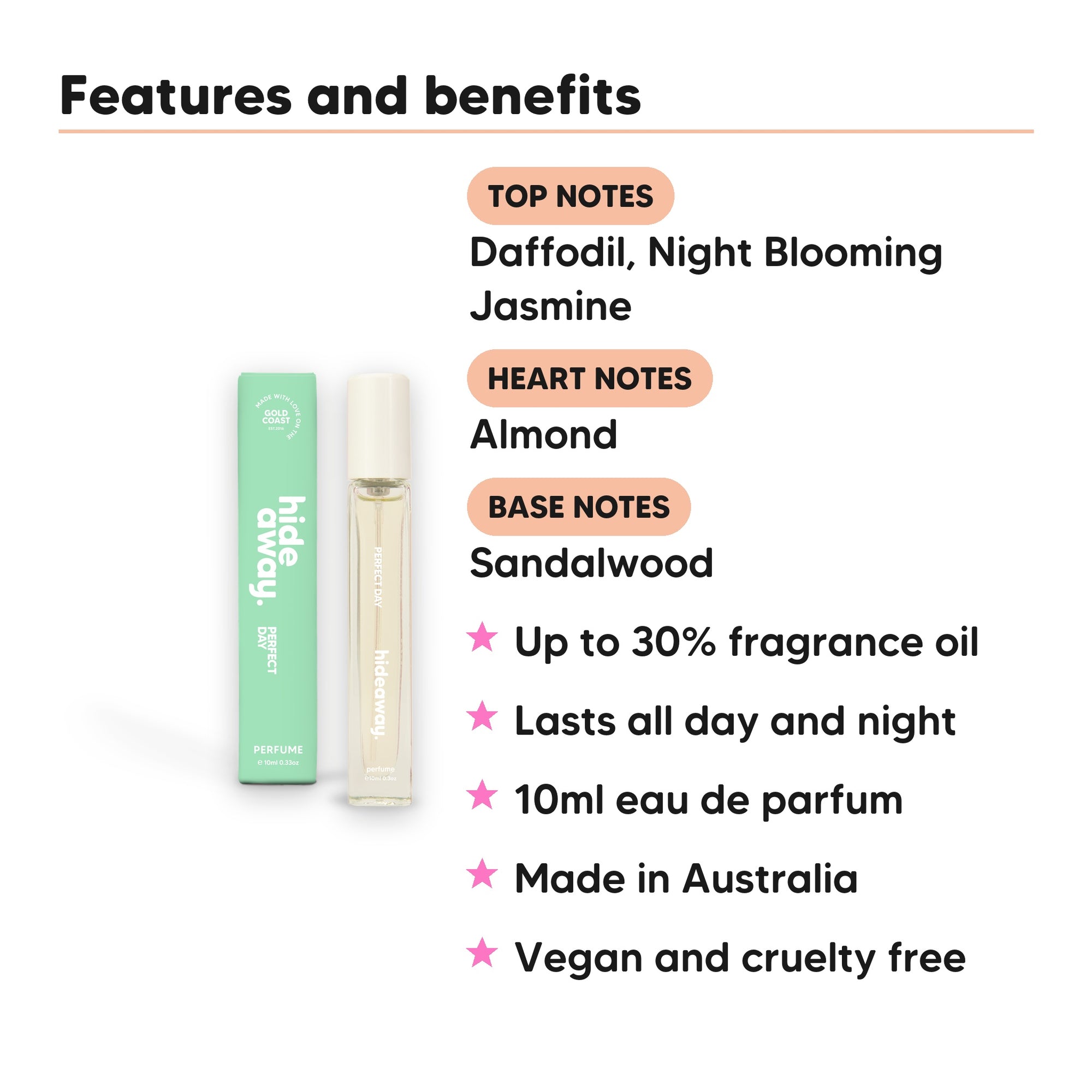 Perfect Day Perfume 10ml features, top notes Daffodil, Night Blooming Jasmine, heart notes Almond, base notes Sandalwood, 10ml, vegan and cruelty free