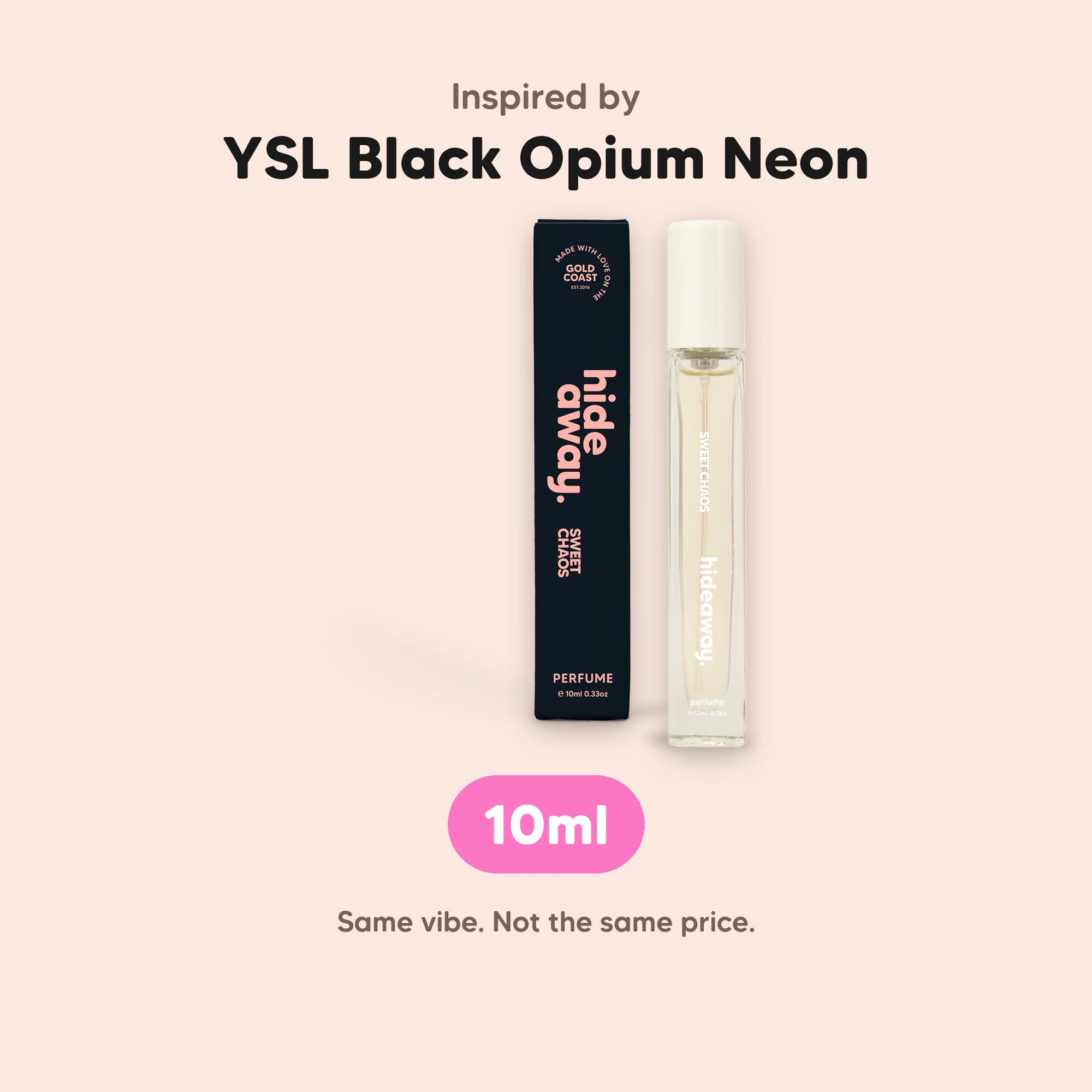 hideaway. Sweet Chaos Perfume 10ml, inspired by YSL Black Opium Neon, made in Australia