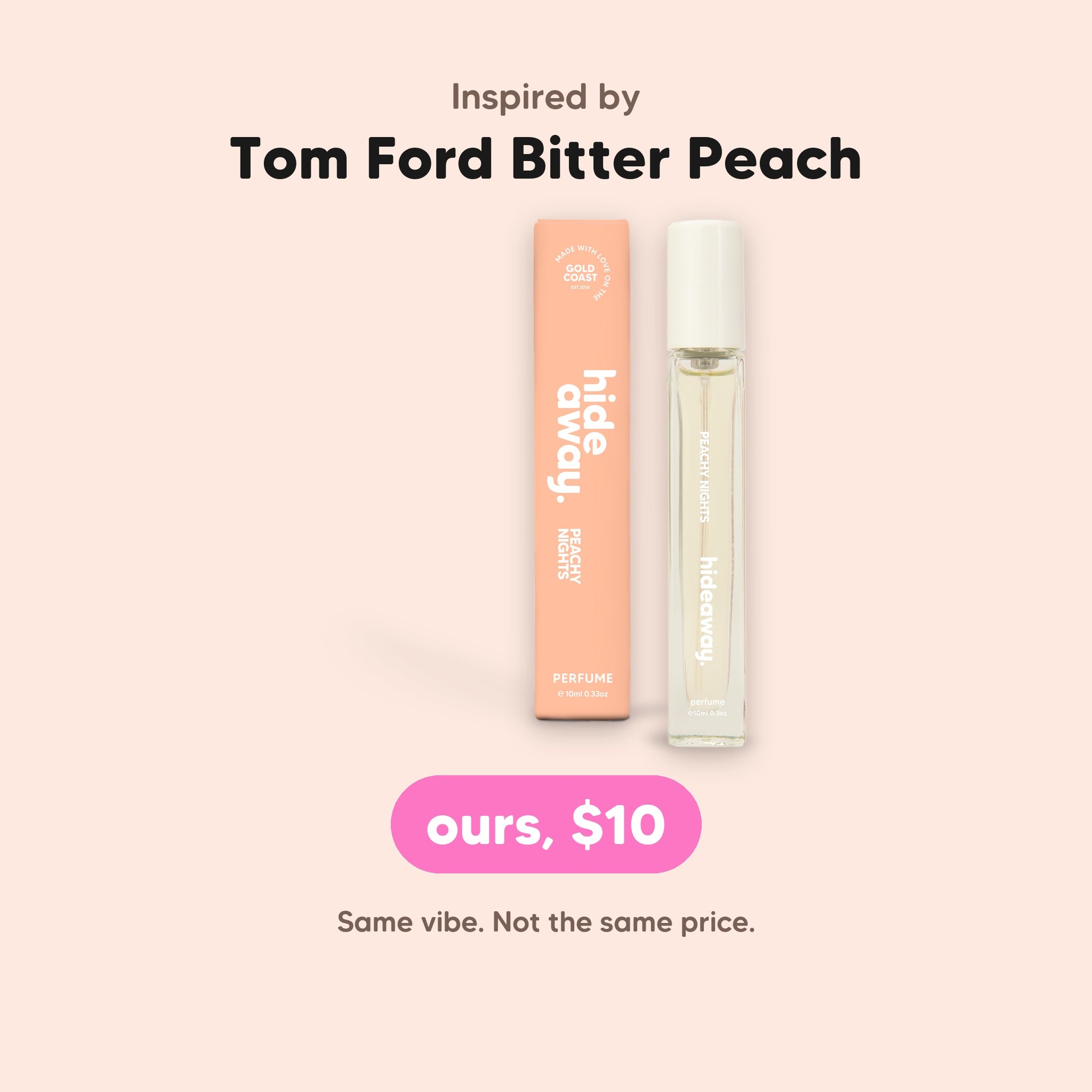 hideaway. Peachy Nights Perfume 10ml, inspired by Tom Ford Bitter Peach, $10, made in Australia