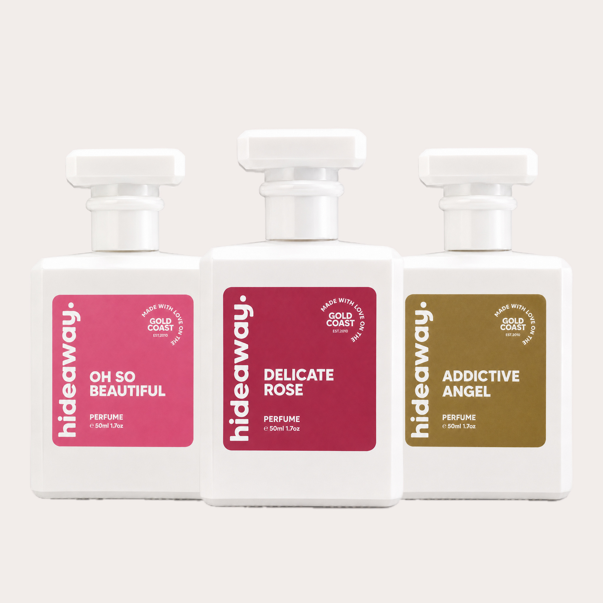 hideaway. Delicate Rose, Addictive Angel and Oh So Beautiful 50ml perfumes together