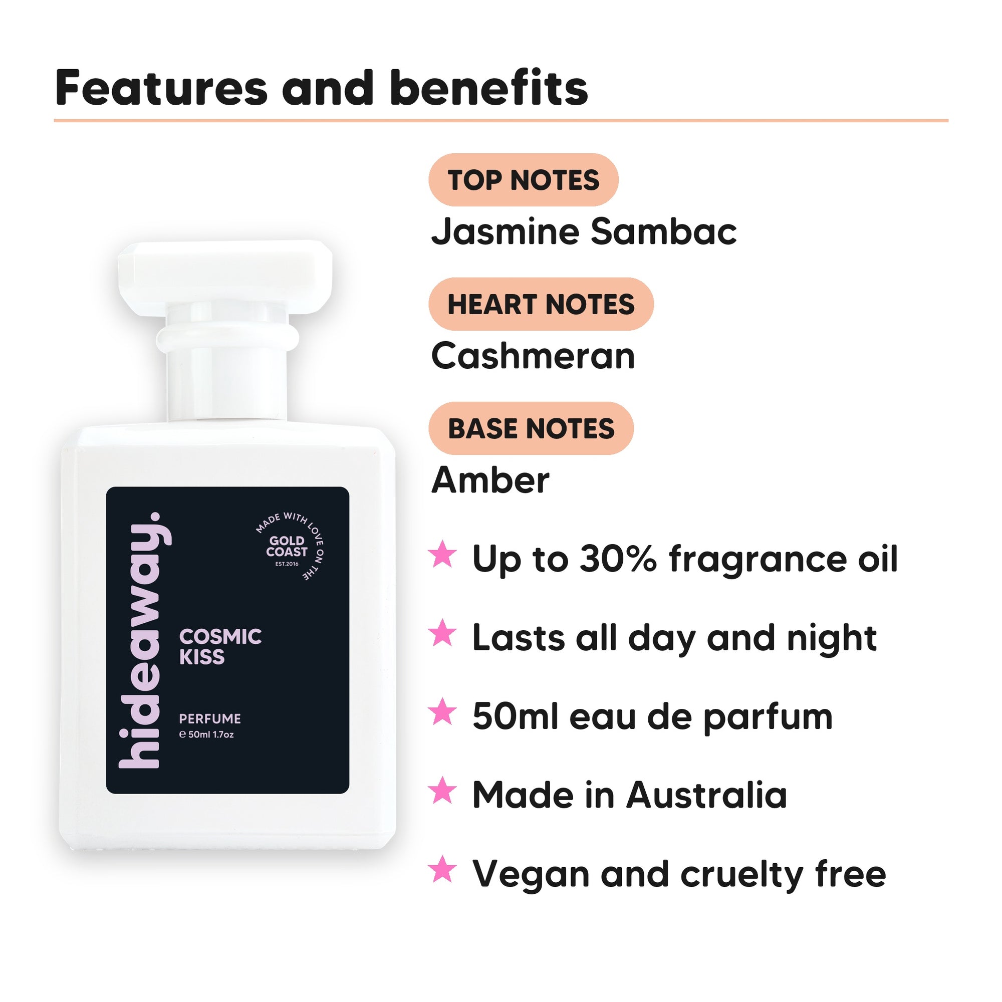 Cosmic Kiss perfume scent notes, top notes Jasmine Sambac, heart notes Cashmeran, base notes Amber