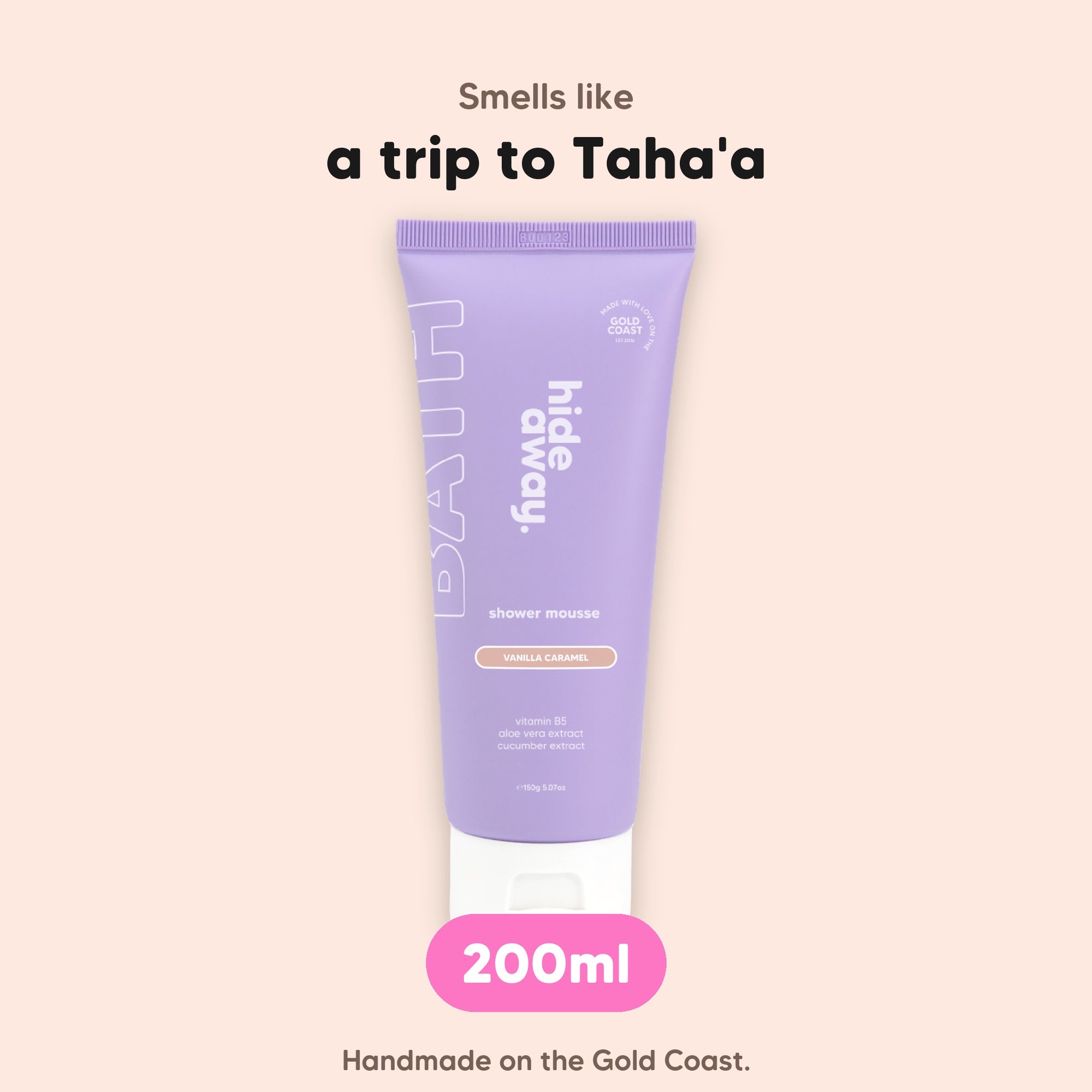 hideaway. Vanilla Caramel Shower Mousse, 200ml, vegan and made in Australia