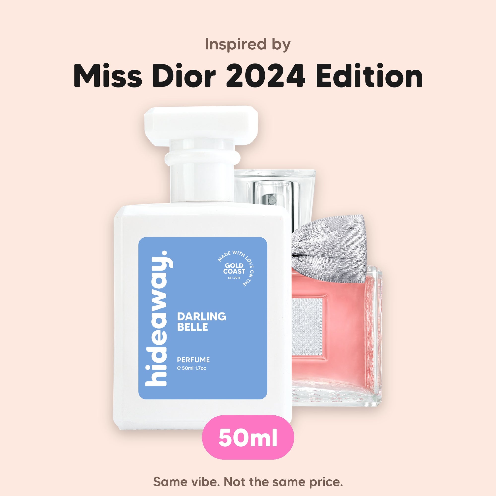 hideaway. Darling Belle perfume 50ml beside the Miss Dior 2024 Edition bottle it is inspired by, handmade on the Gold Coast