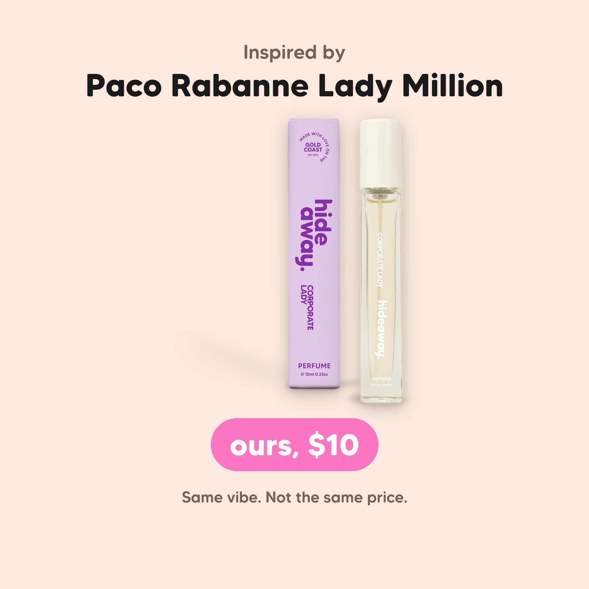 hideaway. Corporate Lady Perfume 10ml, inspired by Paco Rabanne Lady Million, $10, made in Australia