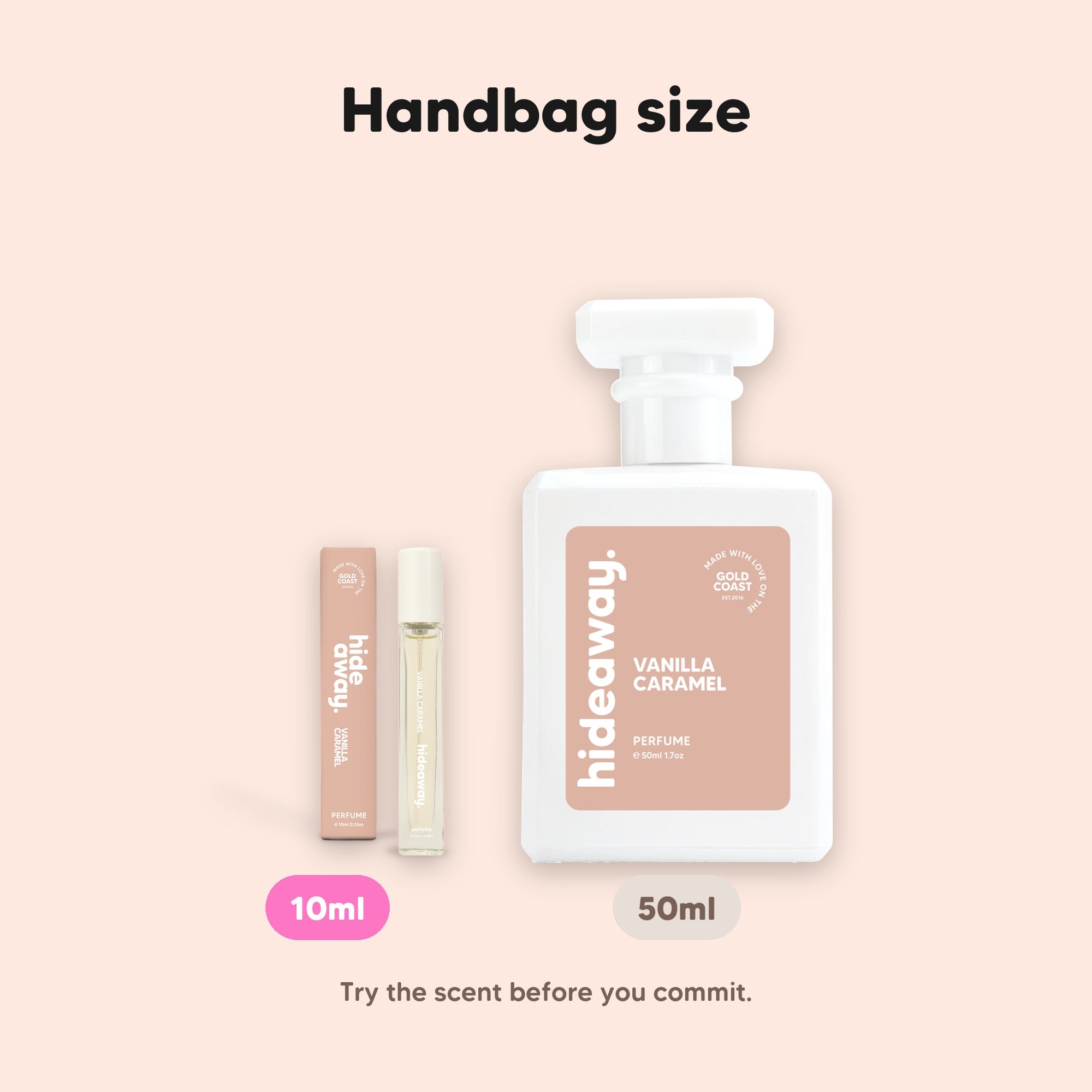 hideaway. Vanilla Caramel perfume 10ml travel size beside the 50ml bottle, handbag size, $10